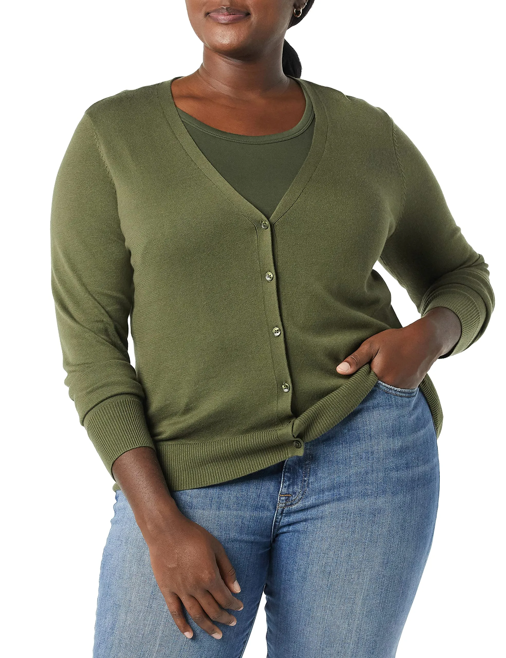 Amazon Essentials Felpa Cardigan Leggera Donna, Verde Oliva, XXL - immagine 4