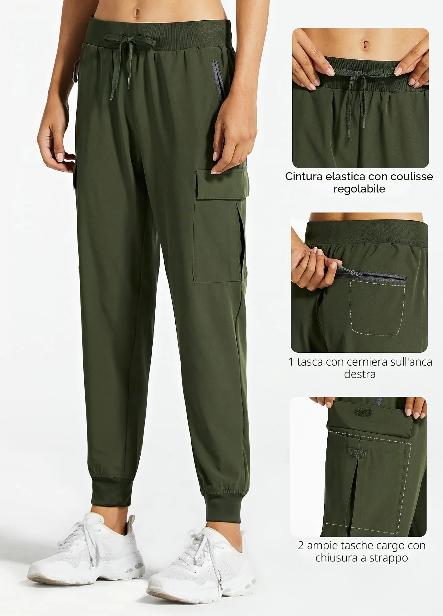 Libin Pantaloni Trekking Donna Cargo Jogger Estivi, Army Green, M - immagine 4