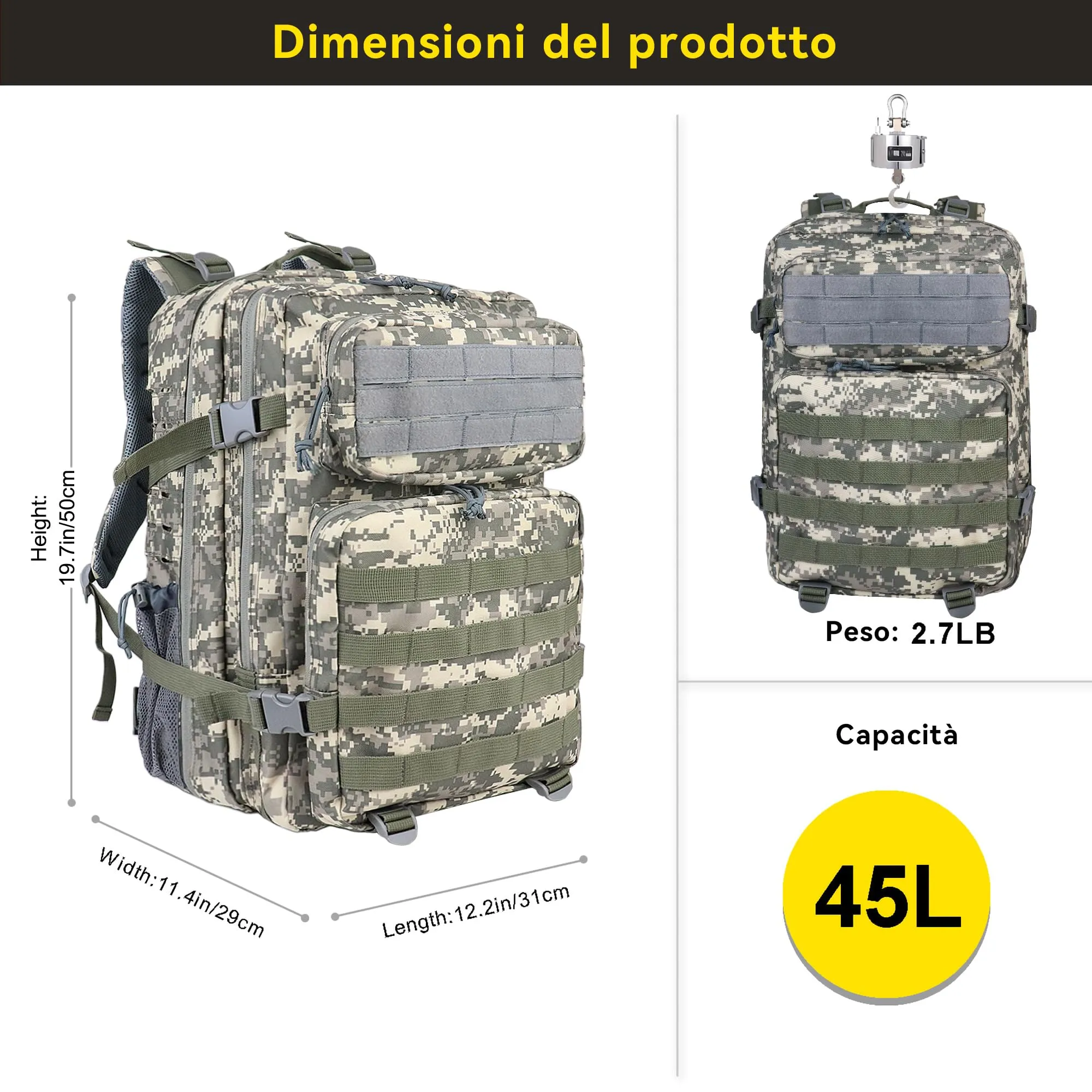 Zavothy Zaino Tattico Militare 45L con Sistema MOLLE, Mimetico - immagine 2