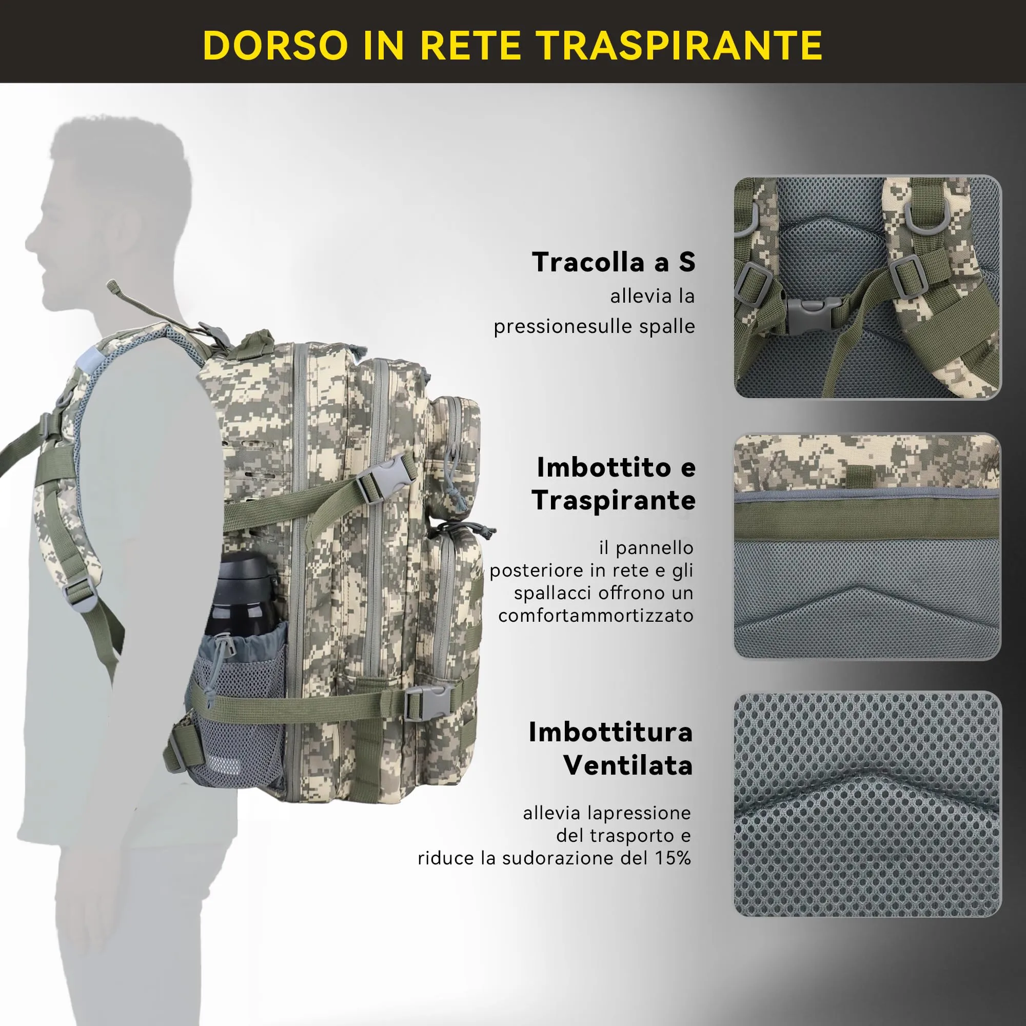 Zavothy Zaino Tattico Militare 45L con Sistema MOLLE, Mimetico - immagine 3