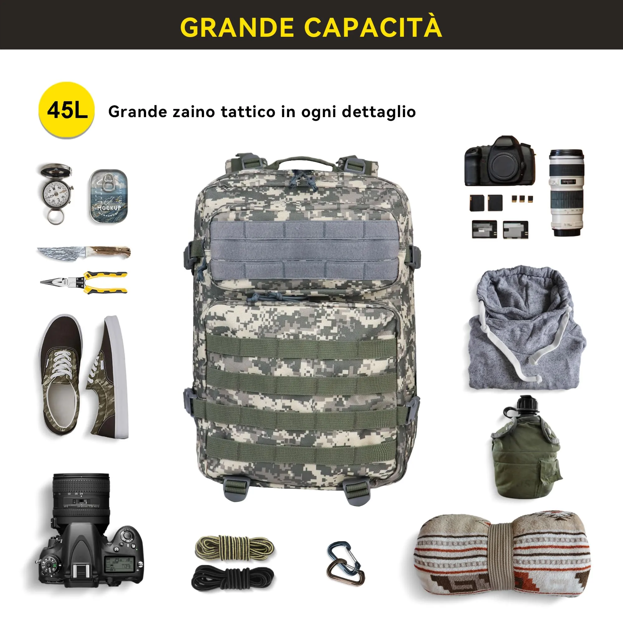 Zavothy Zaino Tattico Militare 45L con Sistema MOLLE, Mimetico - immagine 4