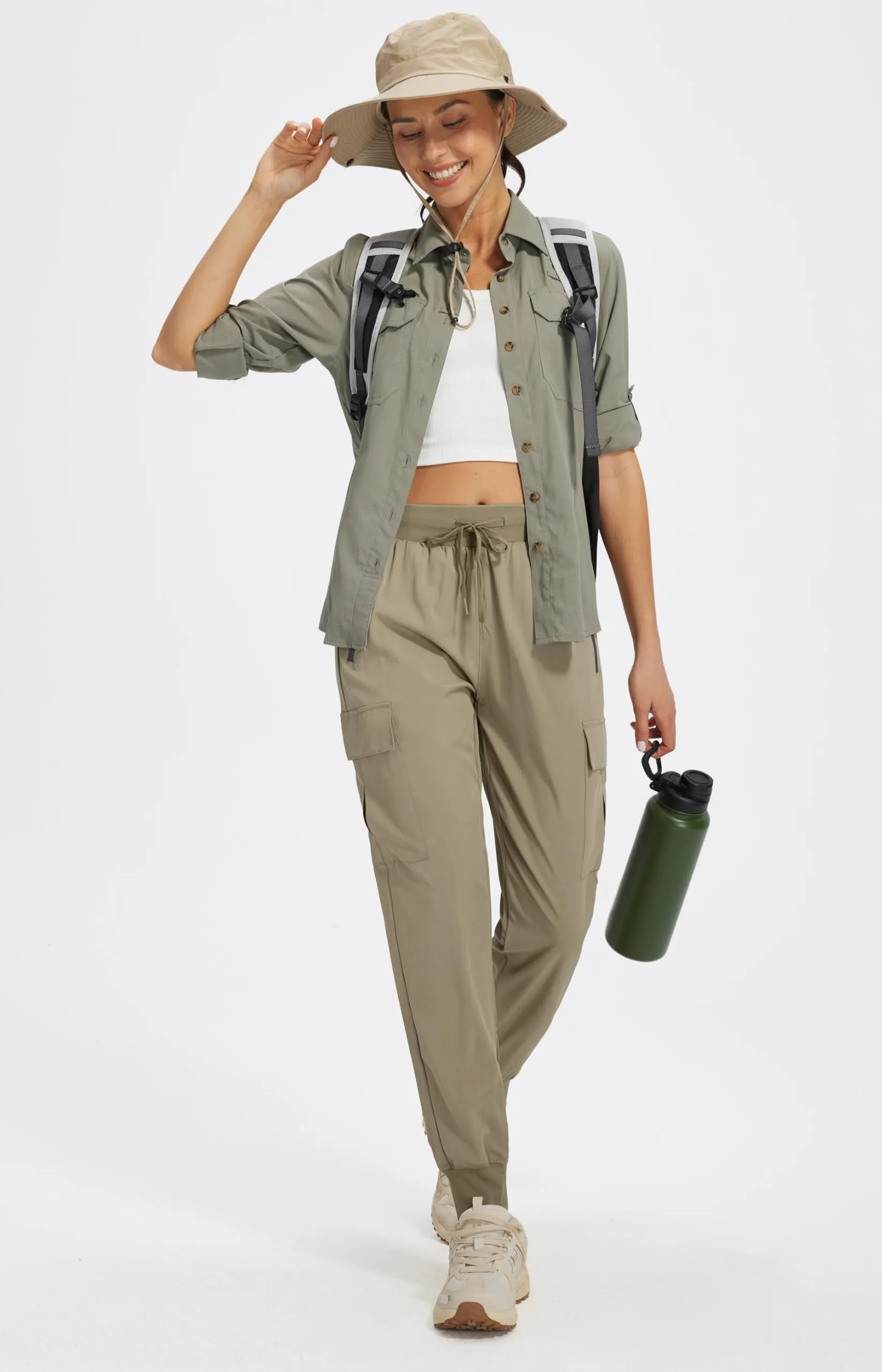 Libin Pantaloni Trekking Donna Cargo Jogger Estivi, Khaki, L - immagine 7