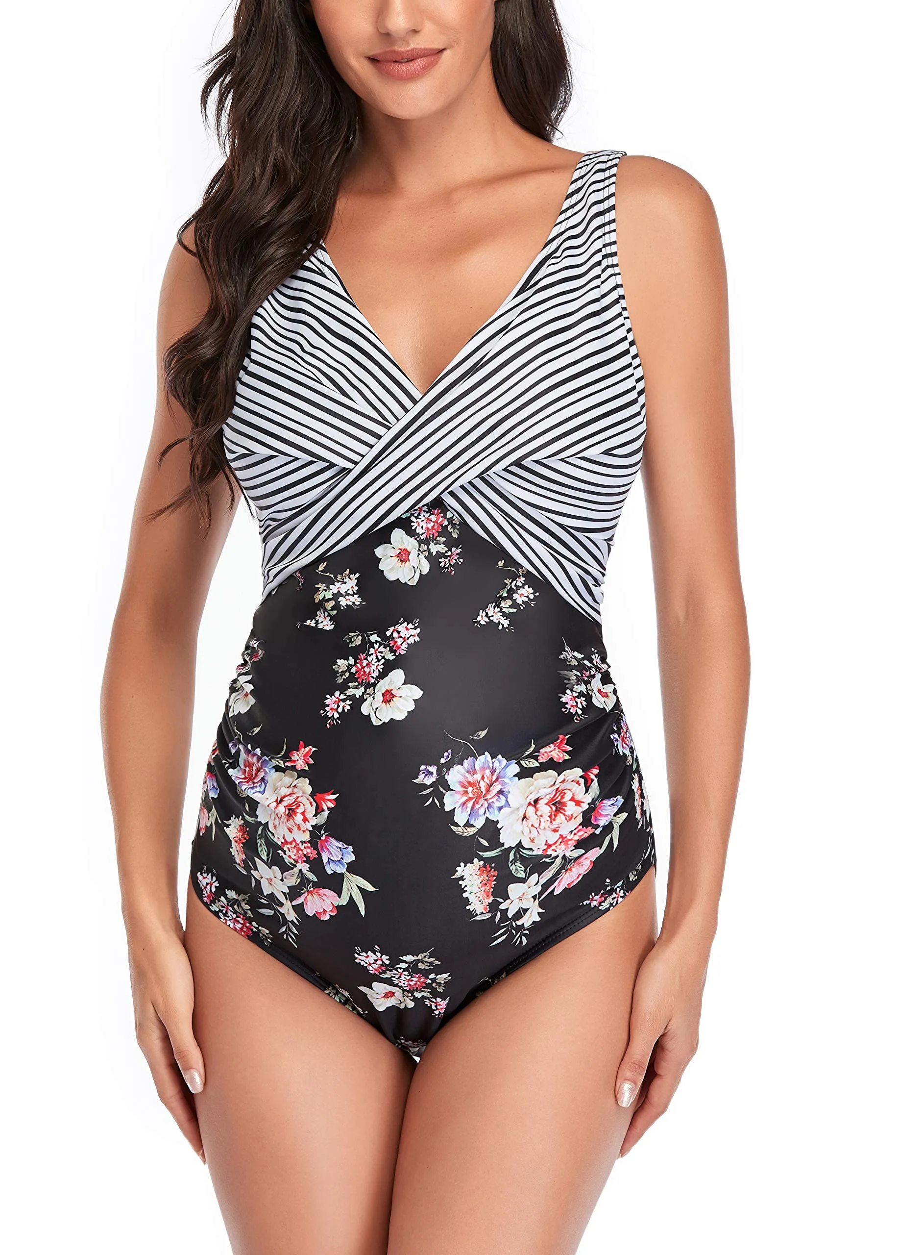 SUMMERSUNSHINE Costume da Bagno Intero Premaman con Incrocio Anteriore, Nero Floreale, M - immagine 2