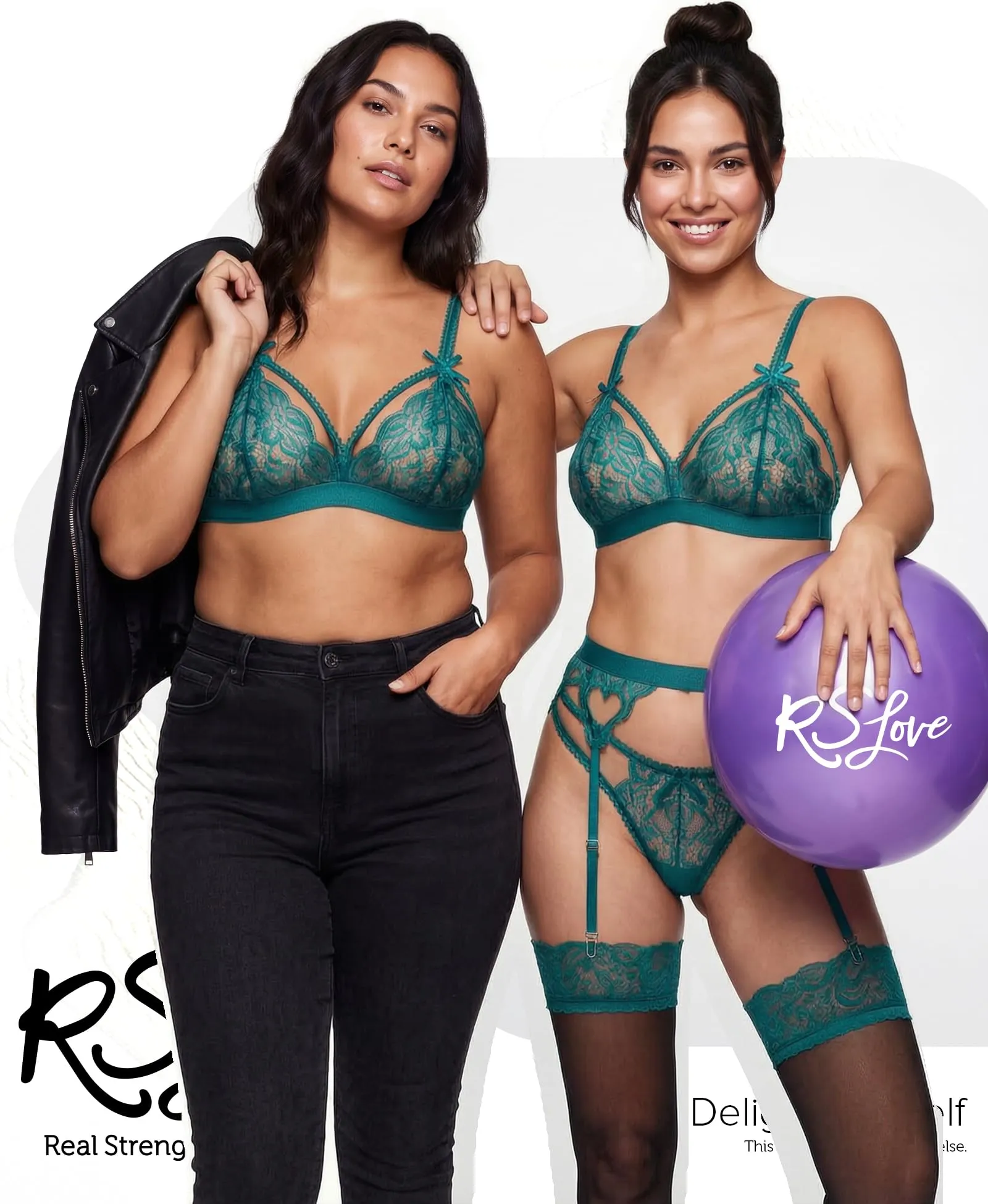 RSLOVE Completo Intimo con Body in Pizzo Teddy Babydoll e Reggicalze, Azzurro, XL - immagine 2