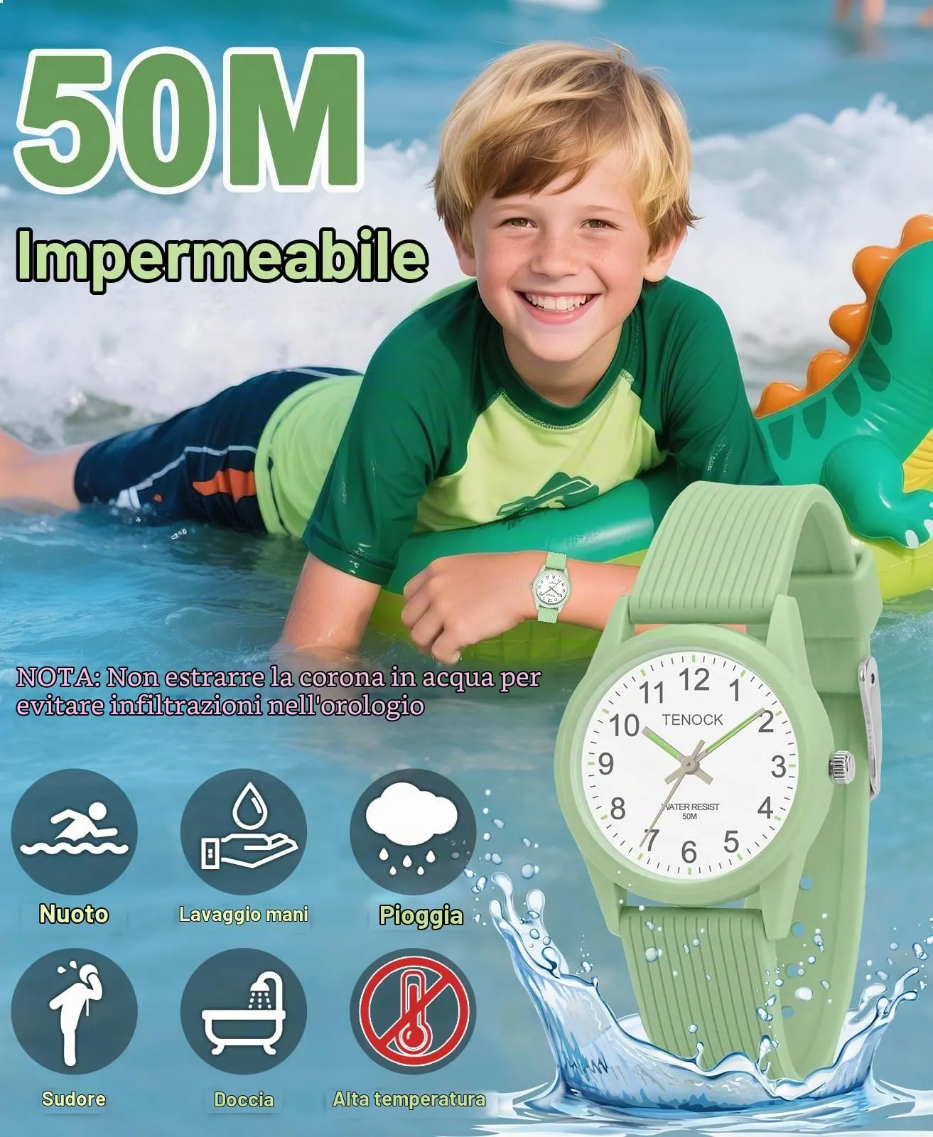 TENOCK Orologio Analogico per Bambini 50M Impermeabile TE-6088 - immagine 2