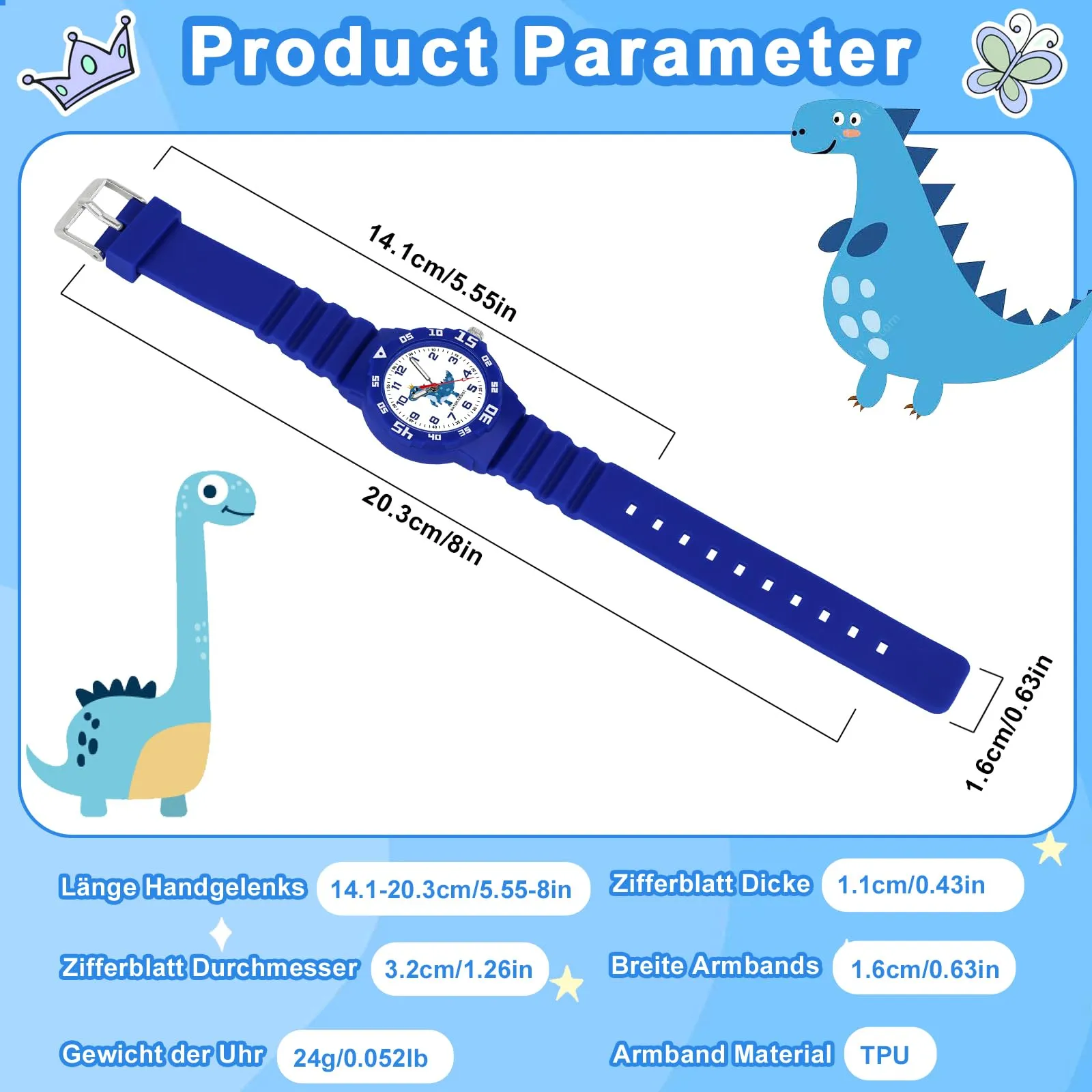 TENOCK Orologio Analogico per Bambini 4-12 Anni, Luce Notturna, Impermeabile 30M, Motivo Dinosauro, Blu - immagine 2