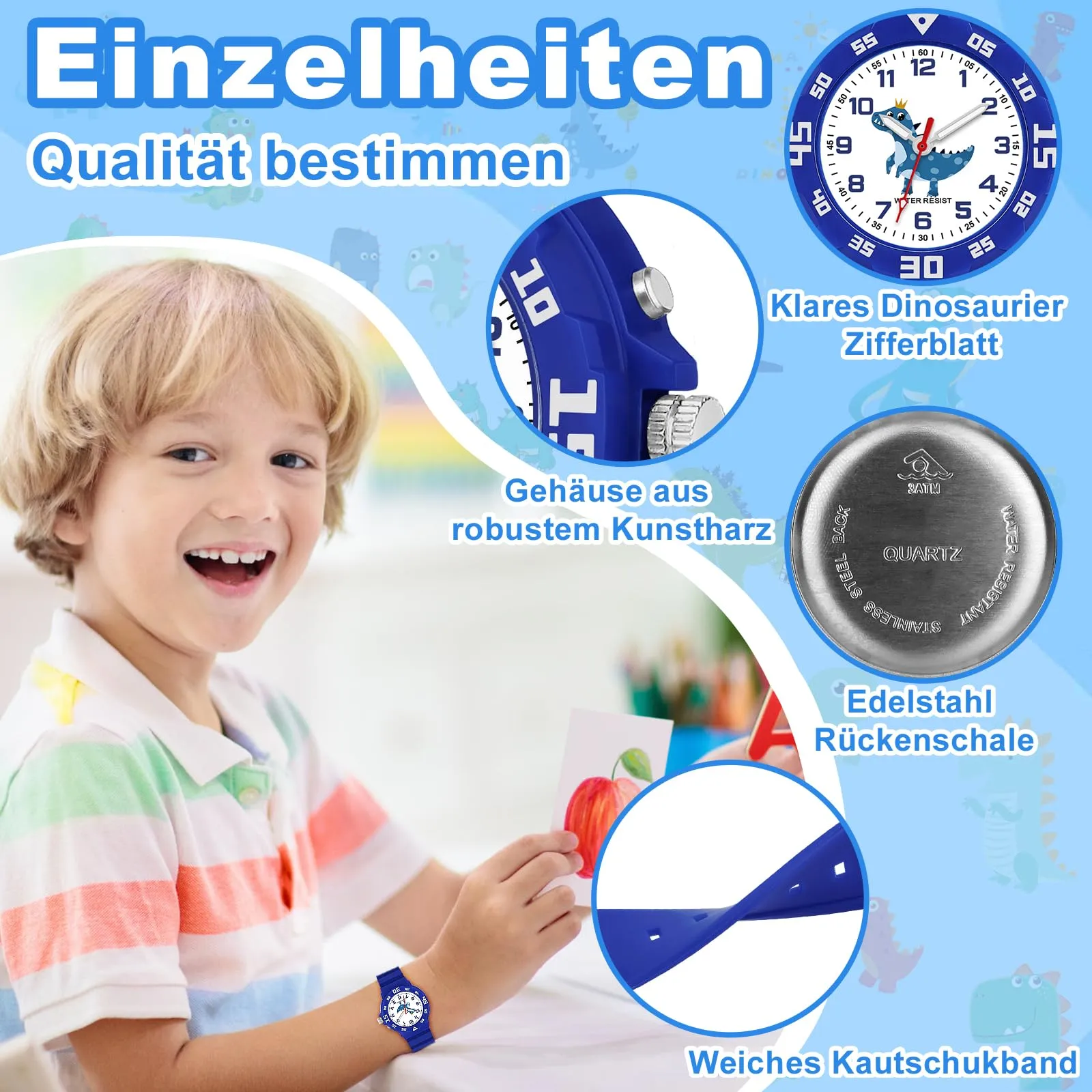 TENOCK Orologio Analogico per Bambini 4-12 Anni, Luce Notturna, Impermeabile 30M, Motivo Dinosauro, Blu - immagine 4