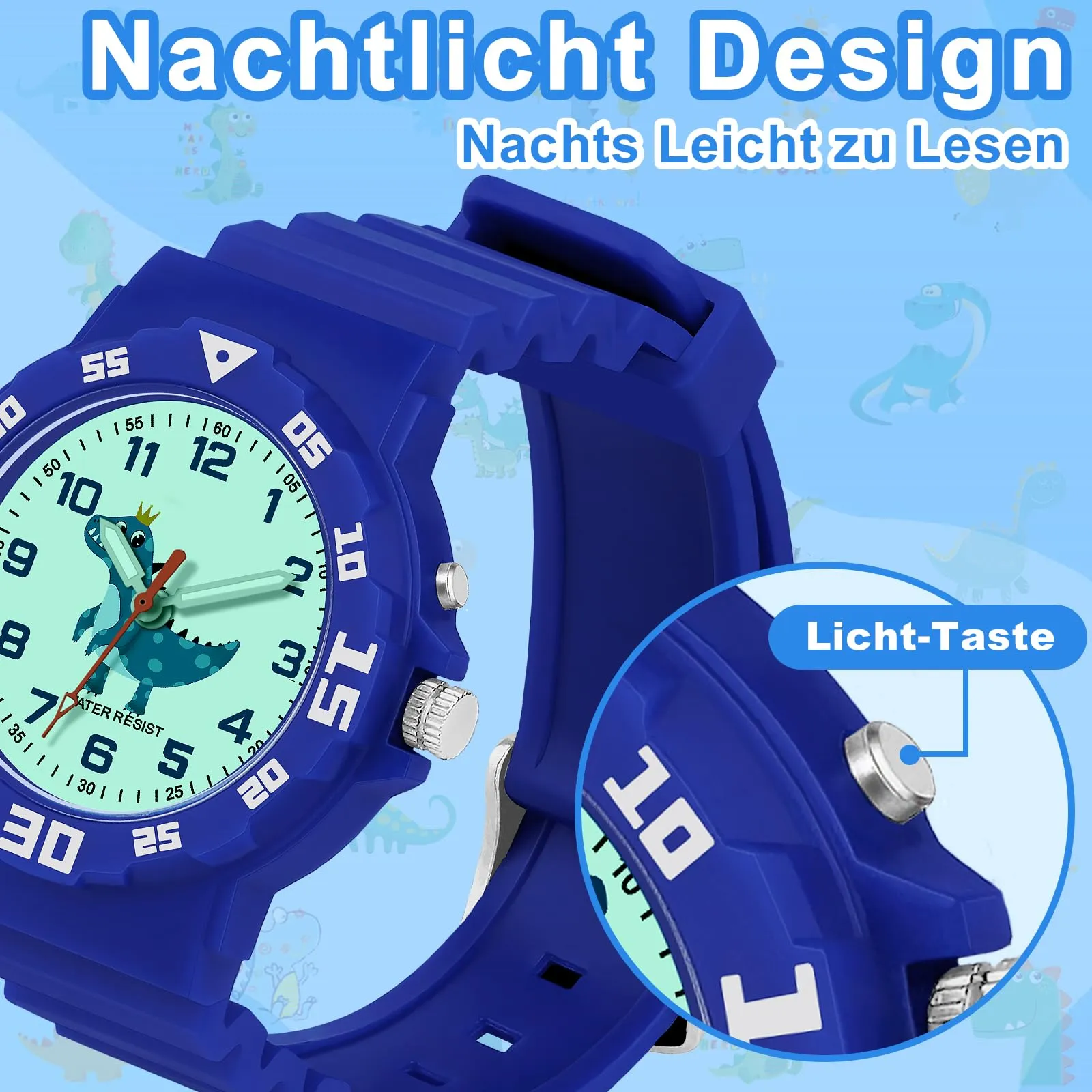 TENOCK Orologio Analogico per Bambini 4-12 Anni, Luce Notturna, Impermeabile 30M, Motivo Dinosauro, Blu - immagine 5