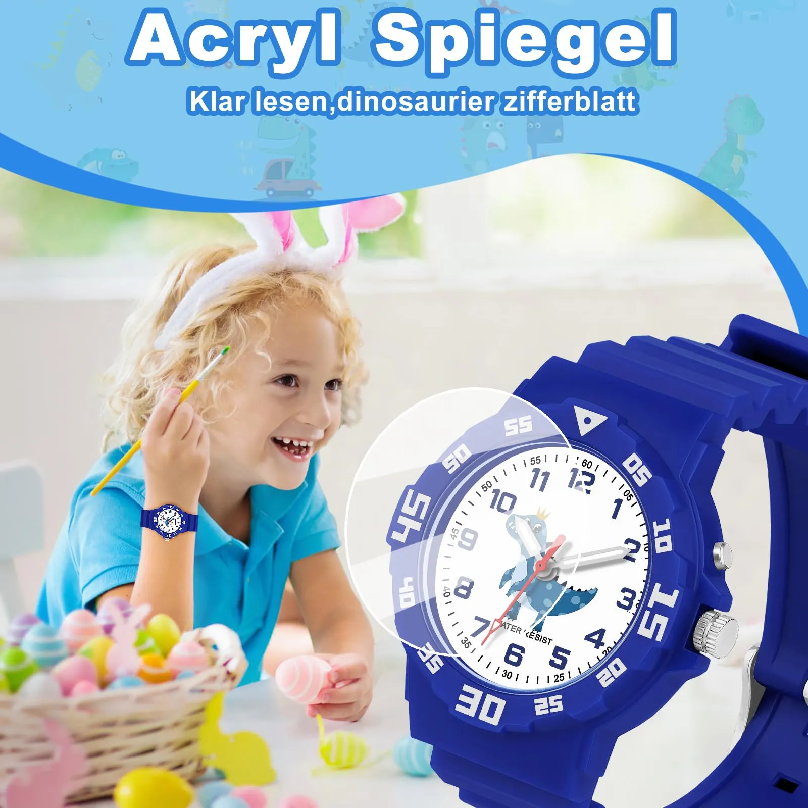 TENOCK Orologio Analogico per Bambini 4-12 Anni, Luce Notturna, Impermeabile 30M, Motivo Dinosauro, Blu - immagine 6
