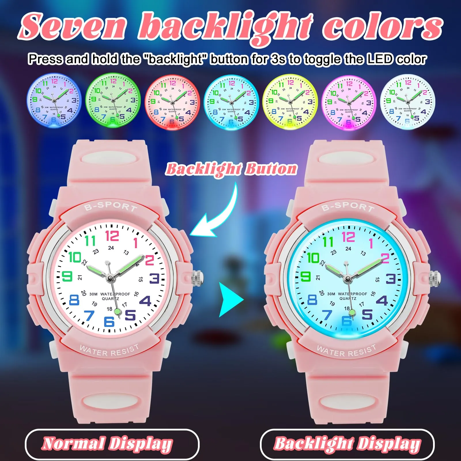 GUUMUXIN Orologio Analogico per Bambini 5-14 Anni, Luci Colorate, Impermeabile 30m, TPU - immagine 2