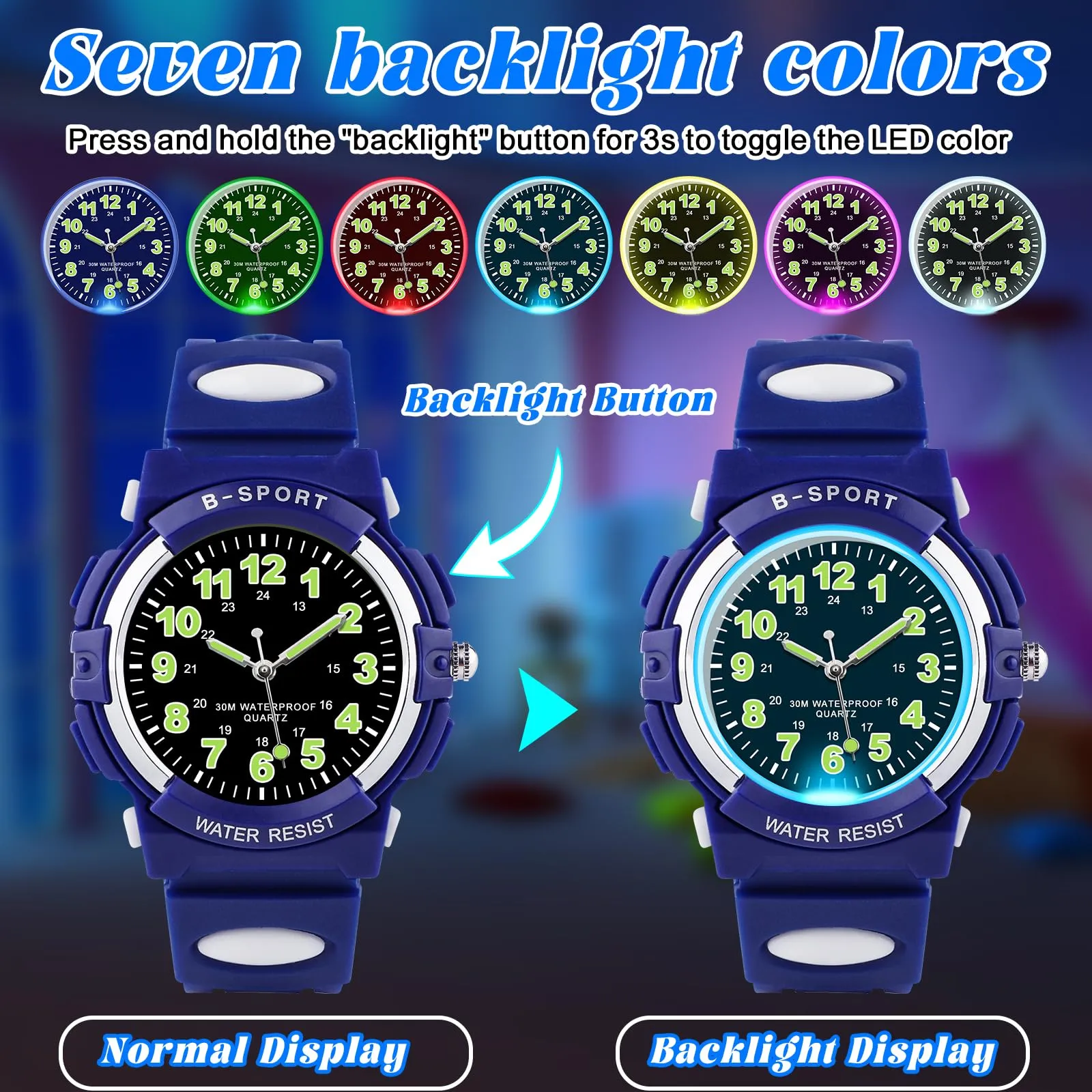 GUUMUXIN Orologio Analogico TPU per Bambini 5-14 Anni, Luci Colorate, Impermeabile 30m - immagine 2