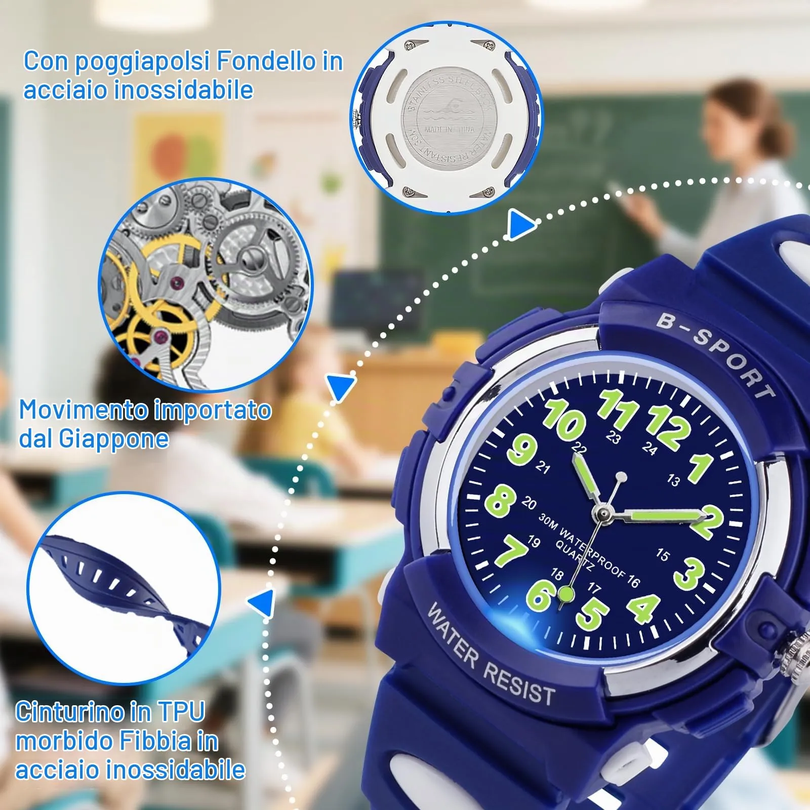 GUUMUXIN Orologio Analogico TPU per Bambini 5-14 Anni, Luci Colorate, Impermeabile 30m - immagine 4