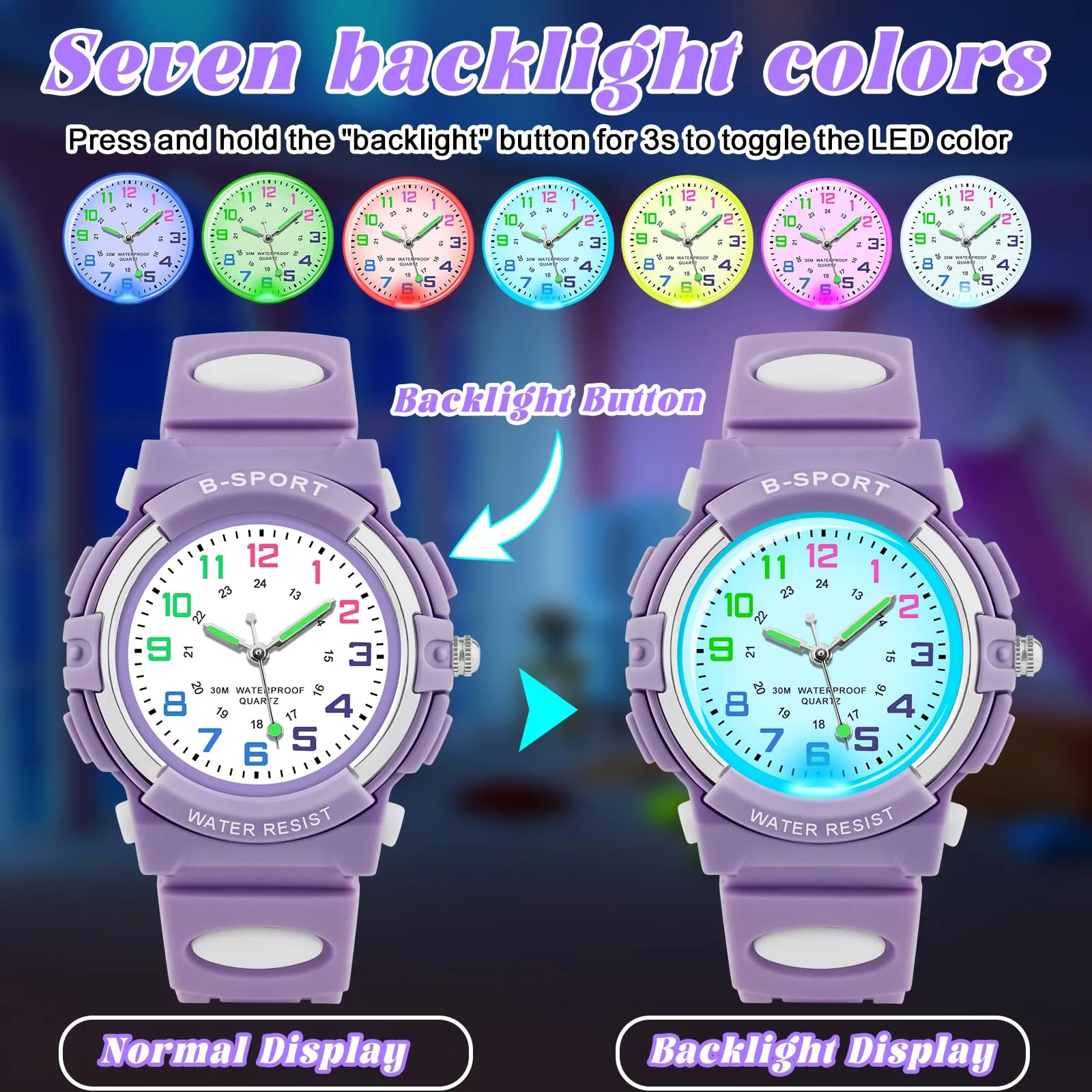 GUUMUXIN Orologio Analogico per Bambini 5-14 Anni, Luci Colorate, Impermeabile 30m, Cinturino TPU - immagine 2