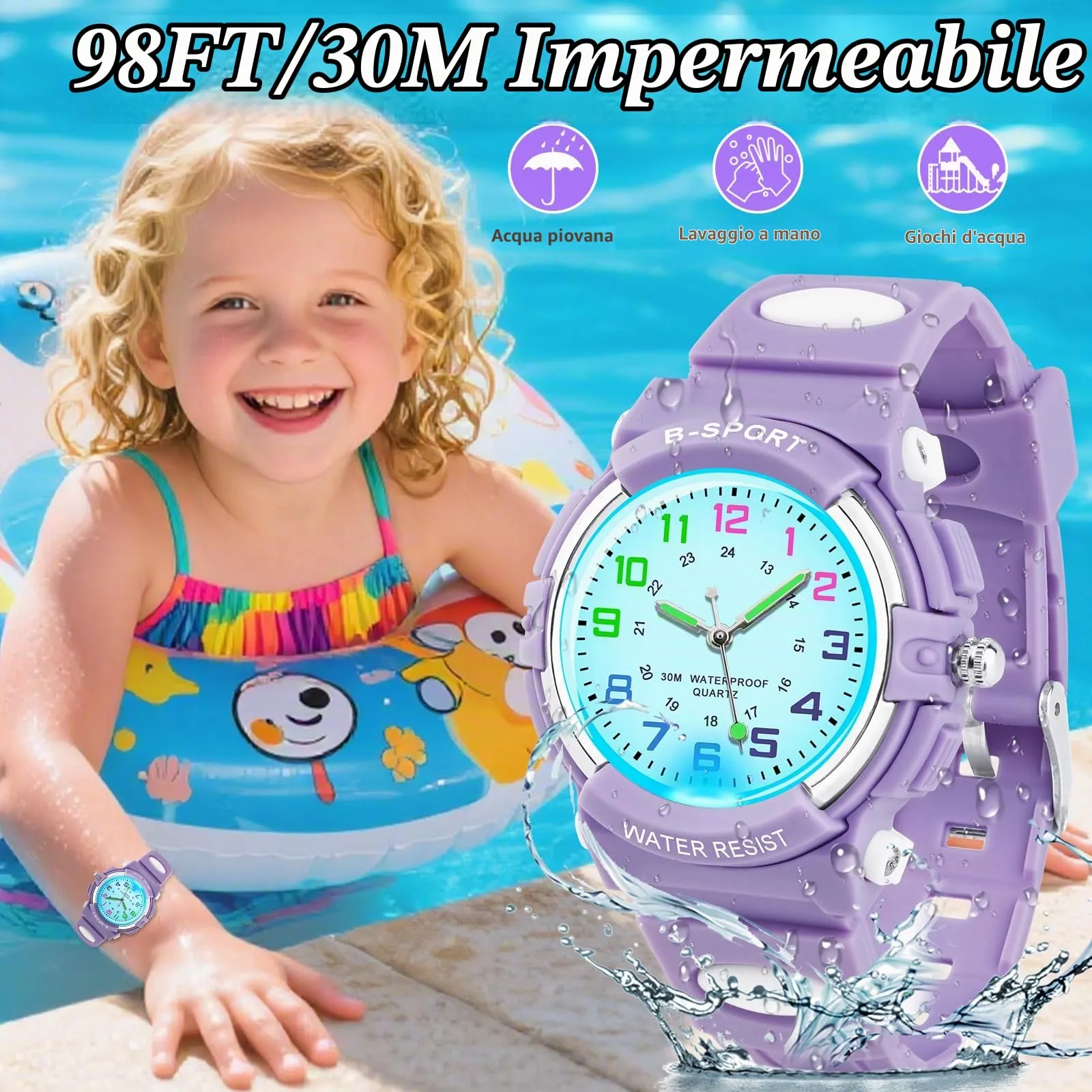 GUUMUXIN Orologio Analogico per Bambini 5-14 Anni, Luci Colorate, Impermeabile 30m, Cinturino TPU - immagine 3