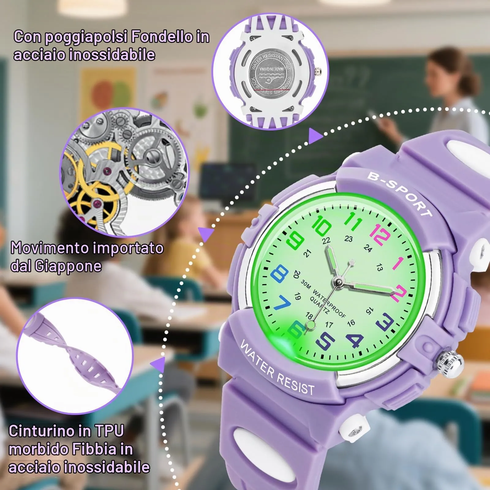 GUUMUXIN Orologio Analogico per Bambini 5-14 Anni, Luci Colorate, Impermeabile 30m, Cinturino TPU - immagine 4