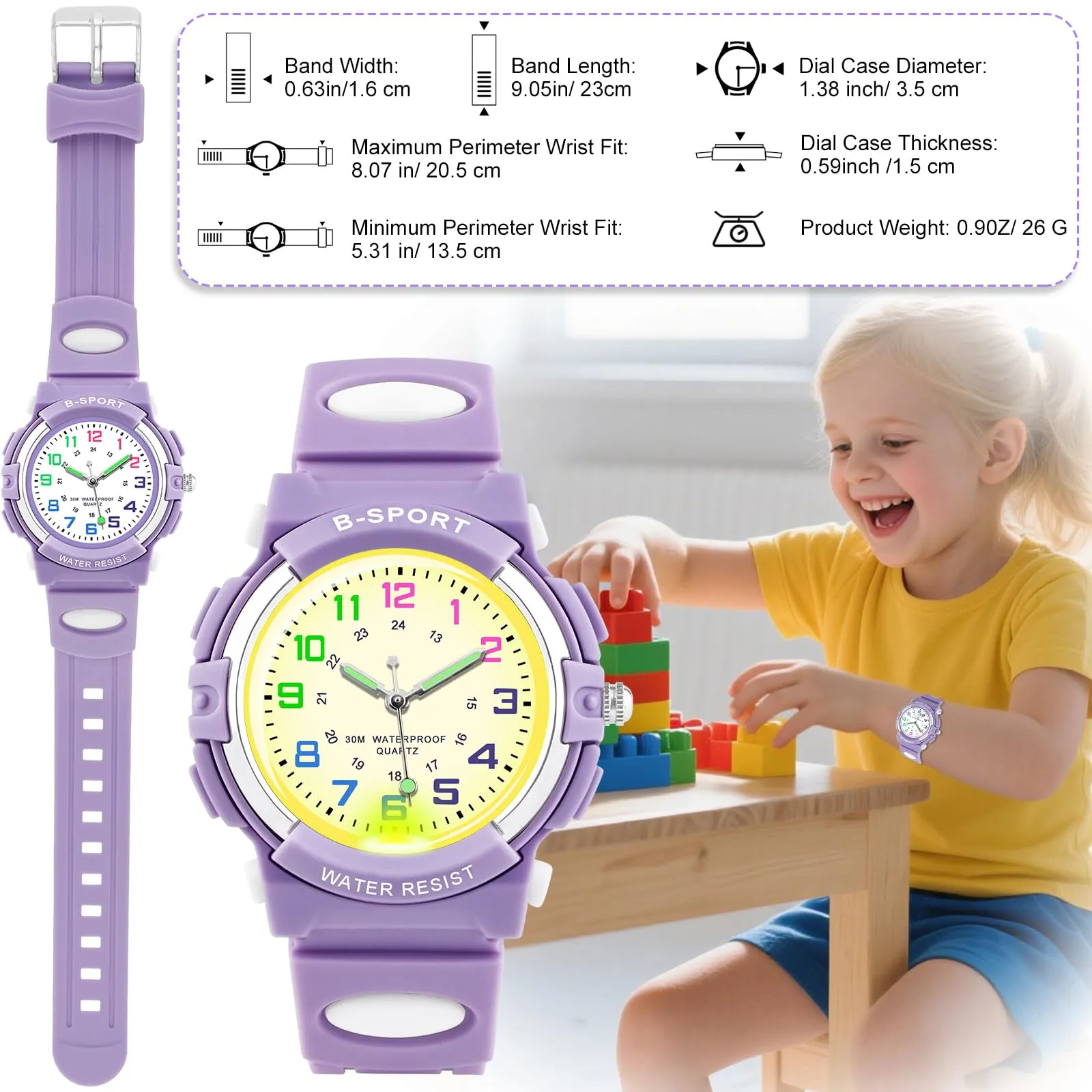 GUUMUXIN Orologio Analogico per Bambini 5-14 Anni, Luci Colorate, Impermeabile 30m, Cinturino TPU - immagine 5