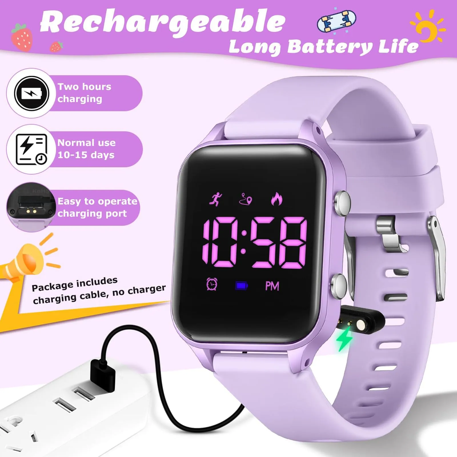 Timever Orologio Digitale per Bambini con Contapassi, Sveglia, Cronometro, Luce e Data - Cinturino in Silicone - immagine 6
