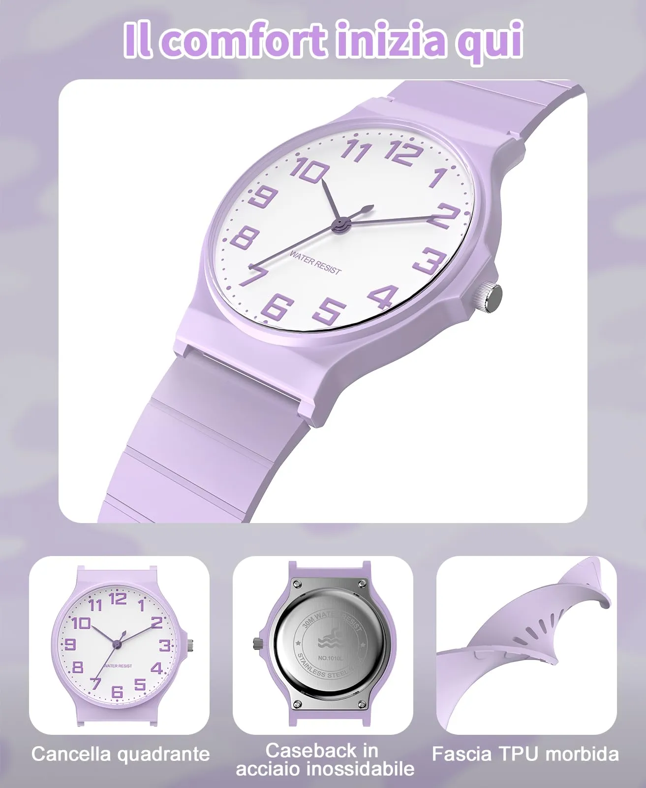 TENOCK Orologio Analogico per Bambini TEN-1010L, Impermeabile 3ATM, Cinturino in Silicone, 5-15 Anni - immagine 2