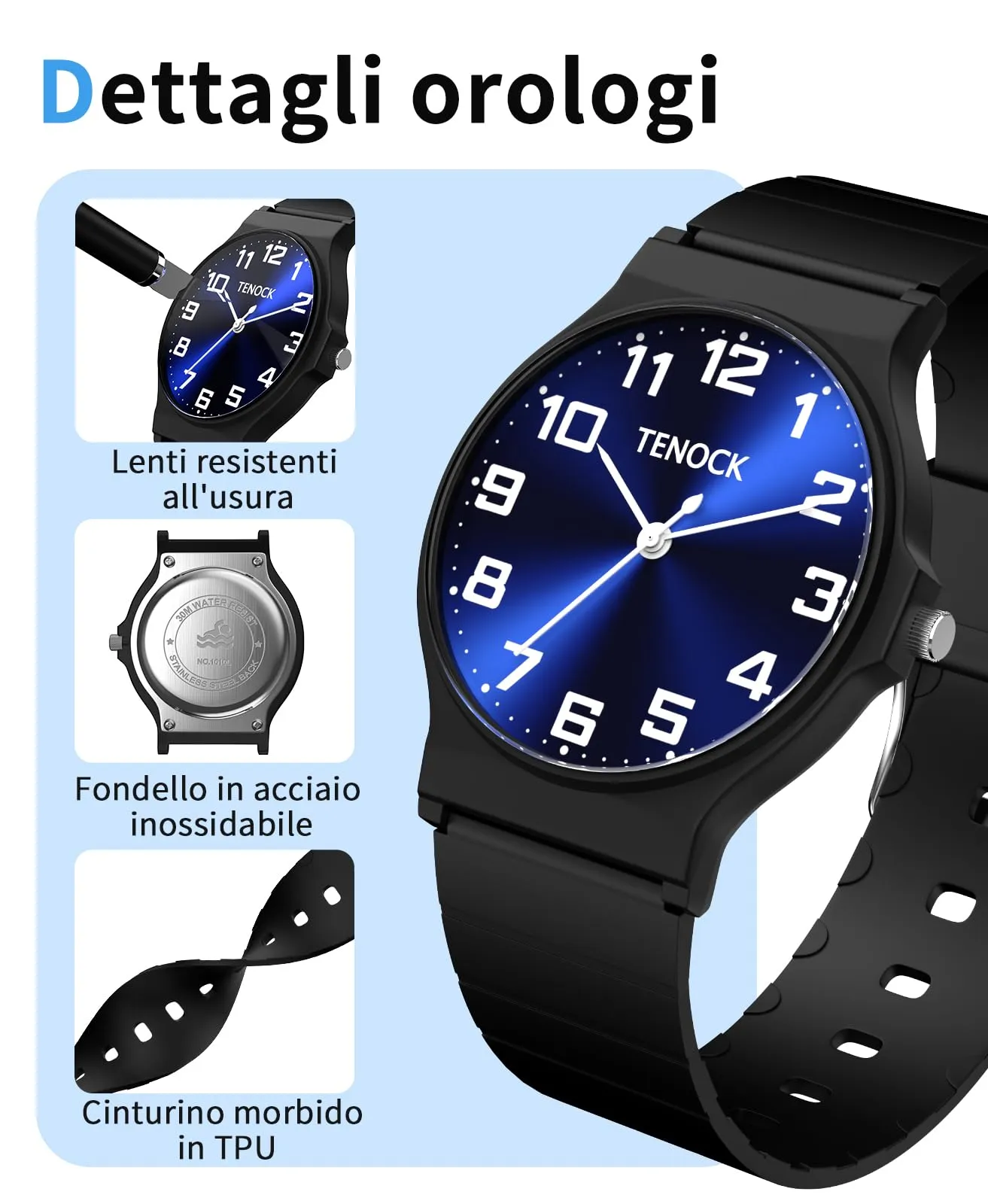 TENOCK Orologio Analogico per Bambini TEN-1010L, Impermeabile 3ATM, Cinturino in Silicone - immagine 2