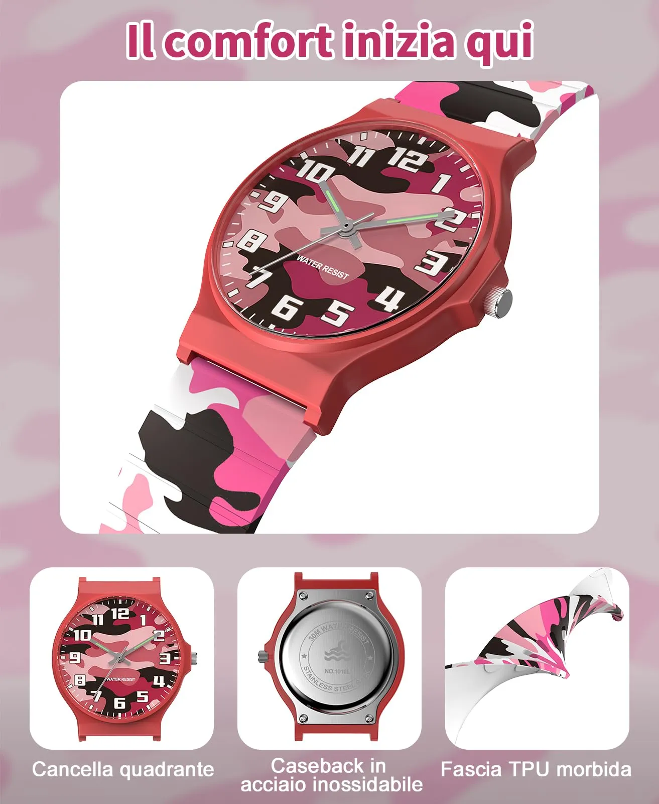 TENOCK Orologio Analogico per Bambini 5-15 Anni, Impermeabile 3ATM, Cinturino in Silicone, TEN-1010L - immagine 2