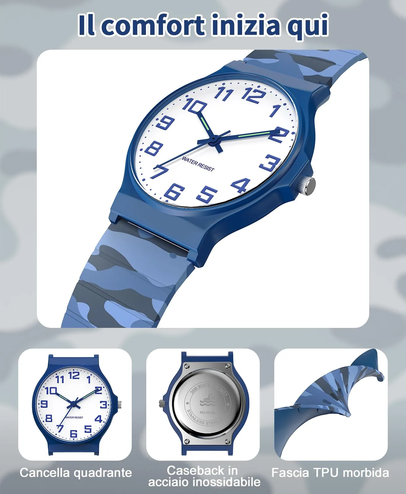 TENOCK Orologio Analogico per Bambini TEN-1010L, Impermeabile 3ATM, Cinturino in Silicone, 5-15 Anni - immagine 2