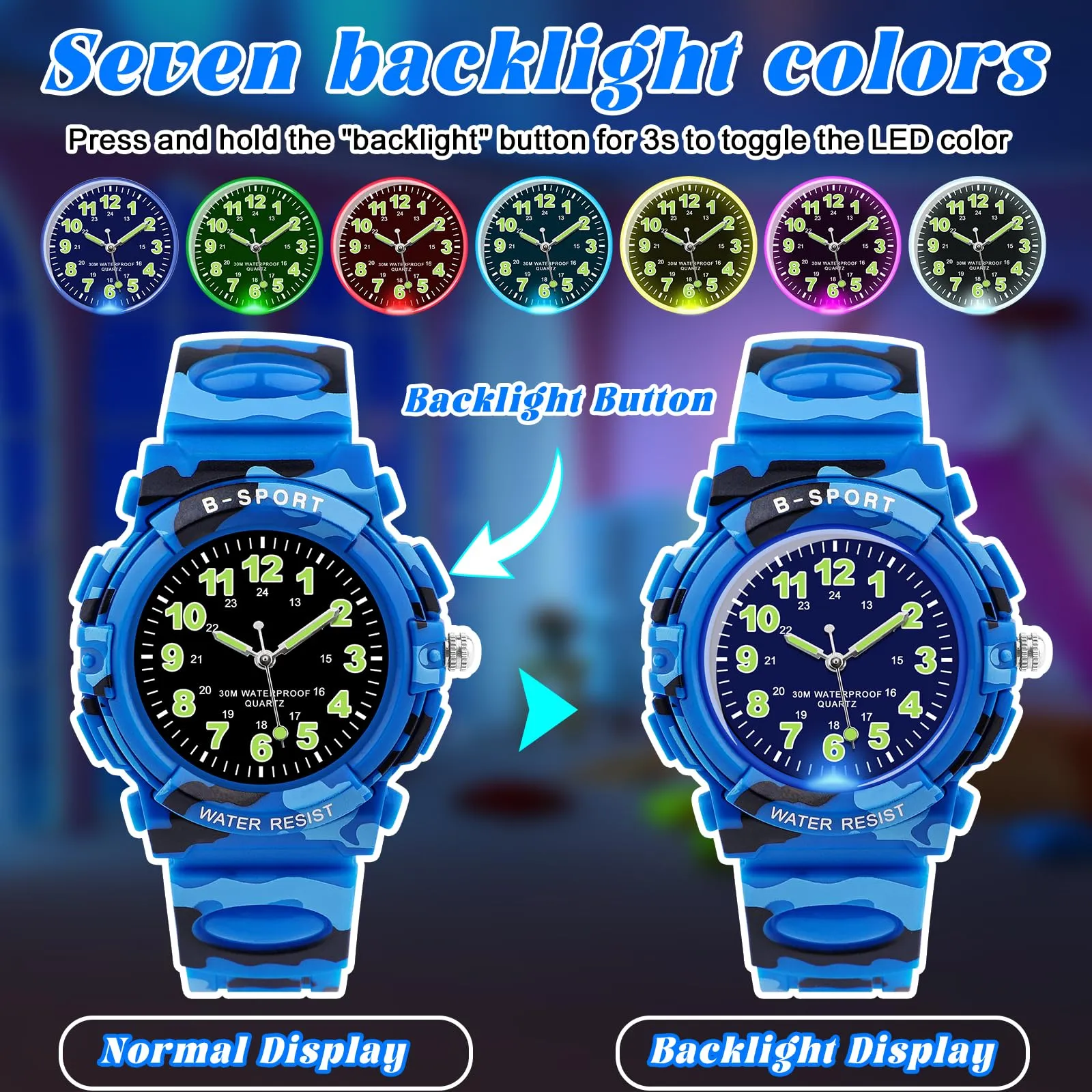GUUMUXIN Orologio Analogico per Bambini 5-14 Anni, Luci Colorate, Impermeabile 30m, Cinturino TPU - immagine 2