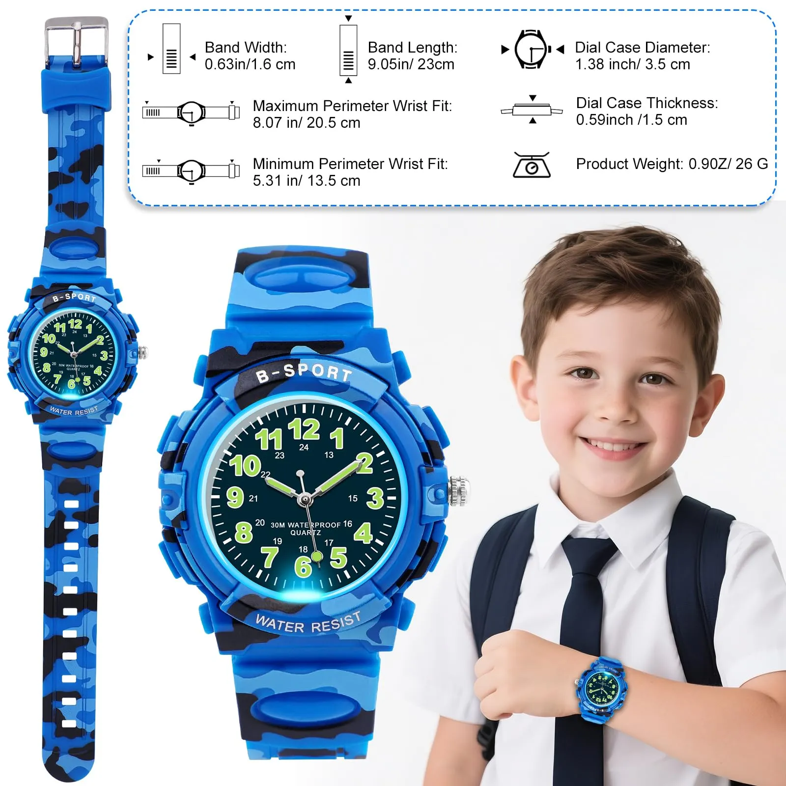GUUMUXIN Orologio Analogico per Bambini 5-14 Anni, Luci Colorate, Impermeabile 30m, Cinturino TPU - immagine 5