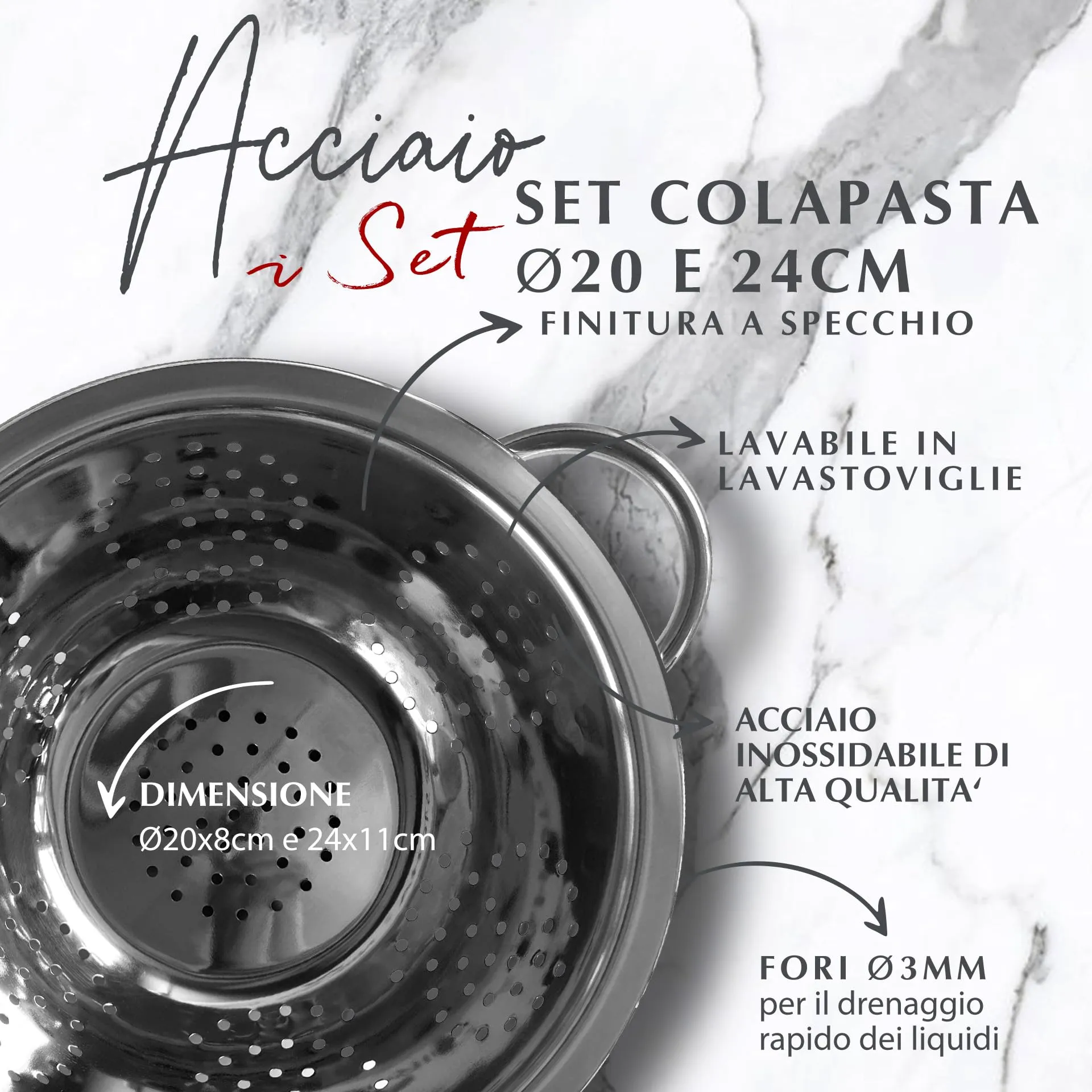 Fackelmann Set Scolapasta 20 e 24 cm in Acciaio Inossidabile - immagine 2
