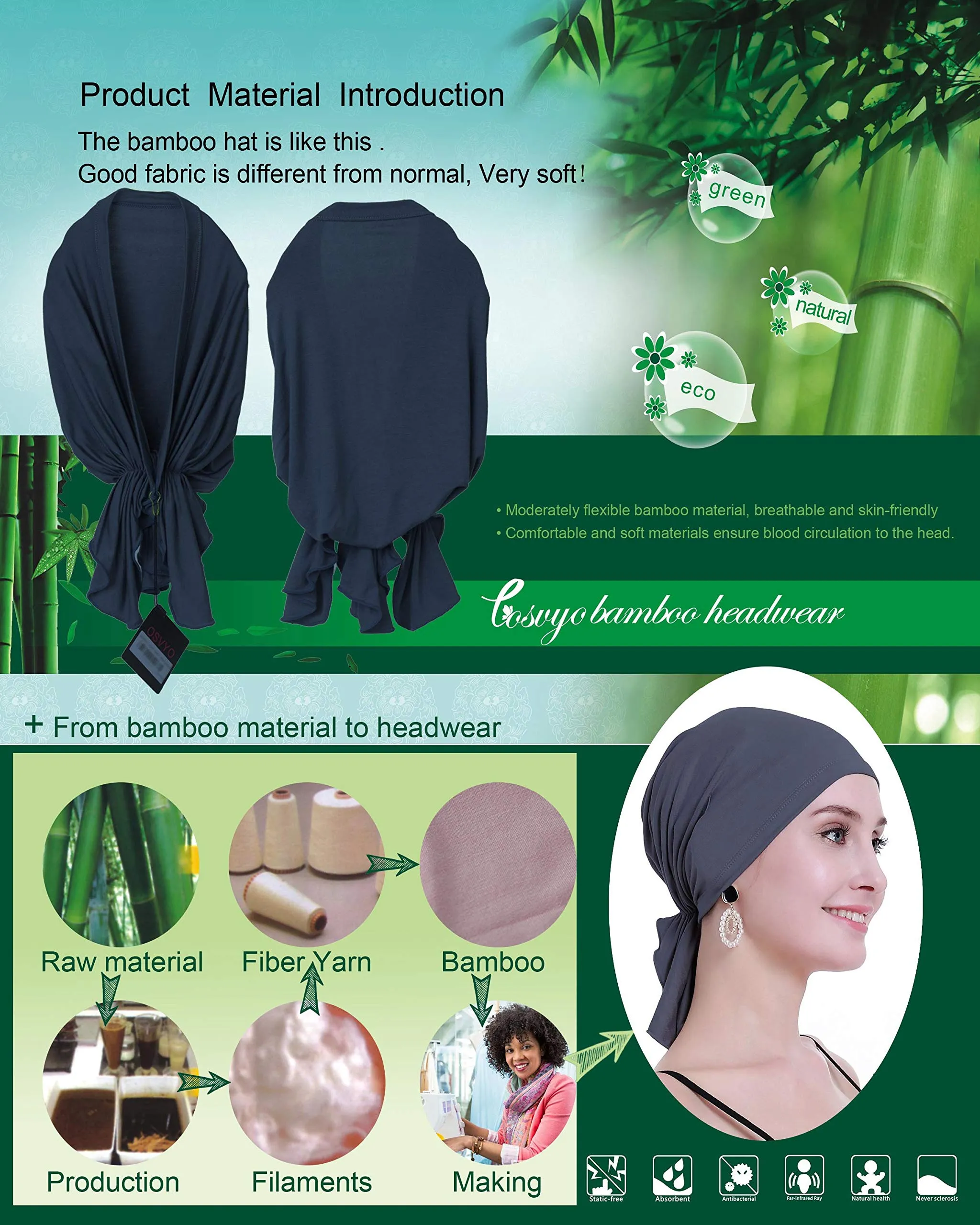 osvyo Copricapo in bambù per chemioterapia da donna, turbante per perdita di capelli, Rosa Luce, Taglia unica - immagine 4
