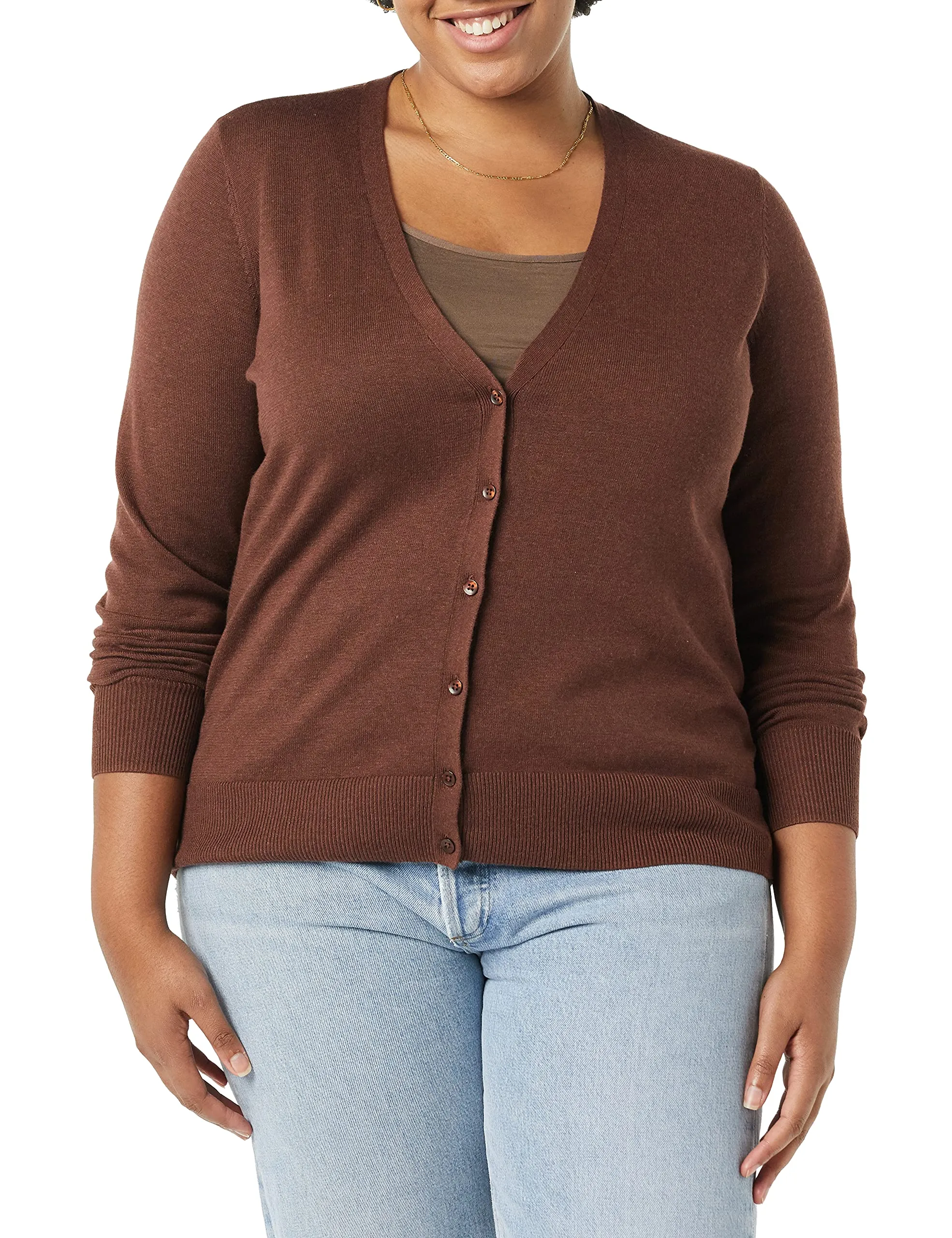 Amazon Essentials Felpa Cardigan Leggera Donna, Castagna Scuro Puntinato, L - immagine 4