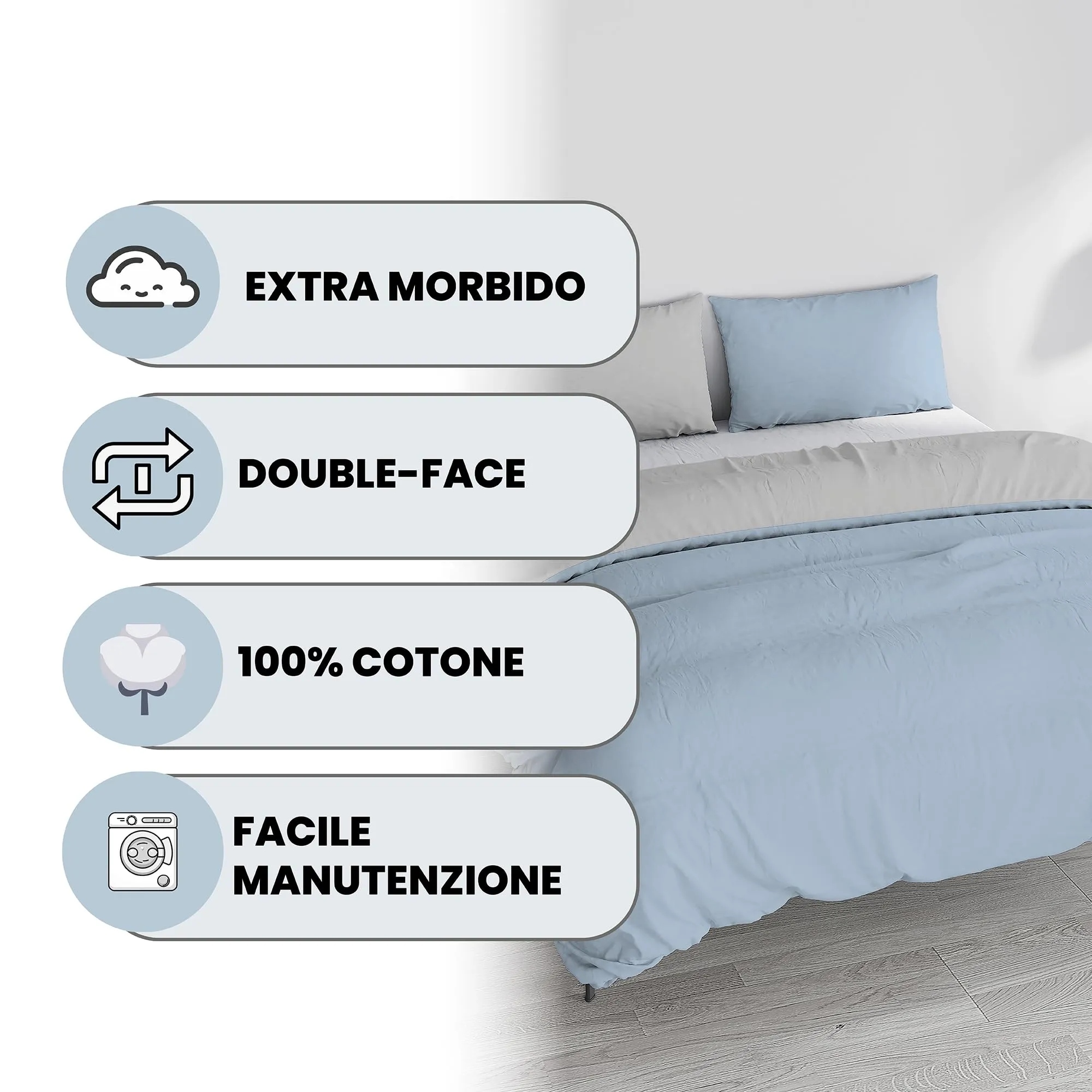 Italian Bed Linen Set Copripiumino 100% Cotone, Matrimoniale, 250x200 cm, Azzurro/Grigio Chiaro - immagine 2