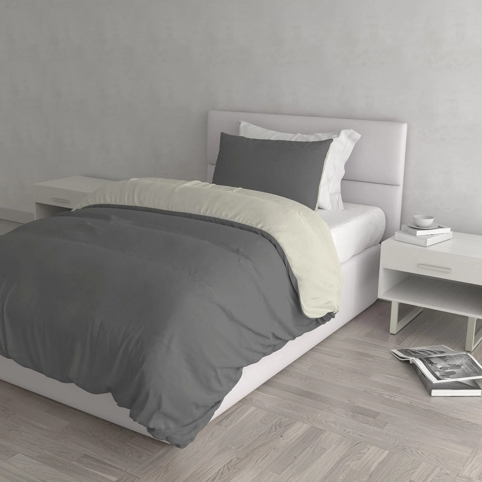 Italian Bed Linen Set Copripiumino 100% Cotone, 200x200 cm, Piazza e Mezza, Grigio Scuro/Panna - immagine 1