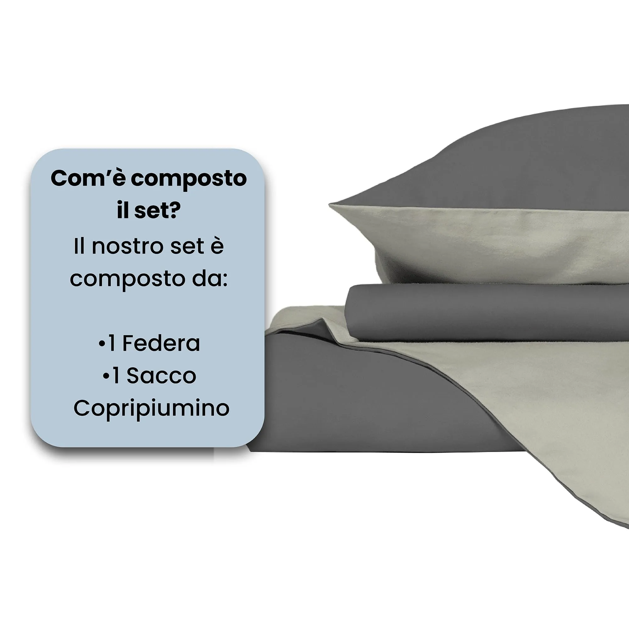 Italian Bed Linen Set Copripiumino 100% Cotone, 200x200 cm, Piazza e Mezza, Grigio Scuro/Panna - immagine 4