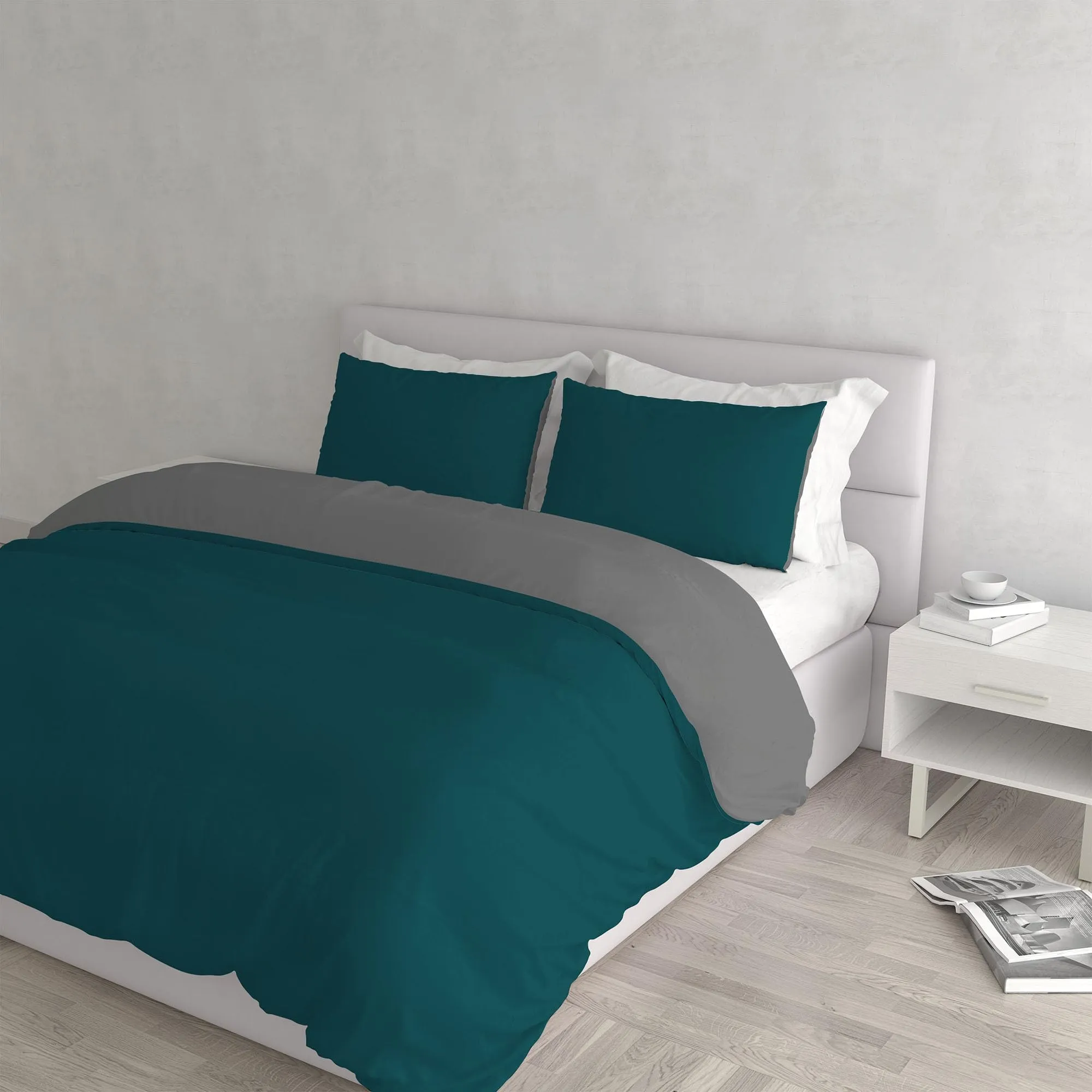 Italian Bed Linen Set Copripiumino 100% Cotone, Matrimoniale, 250x200 cm, Verde Petrolio/Grigio Scuro - immagine 1
