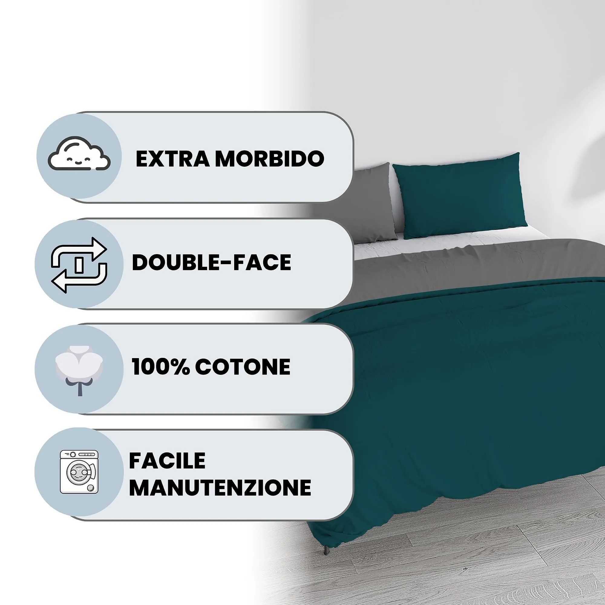 Italian Bed Linen Set Copripiumino 100% Cotone, Matrimoniale, 250x200 cm, Verde Petrolio/Grigio Scuro - immagine 2