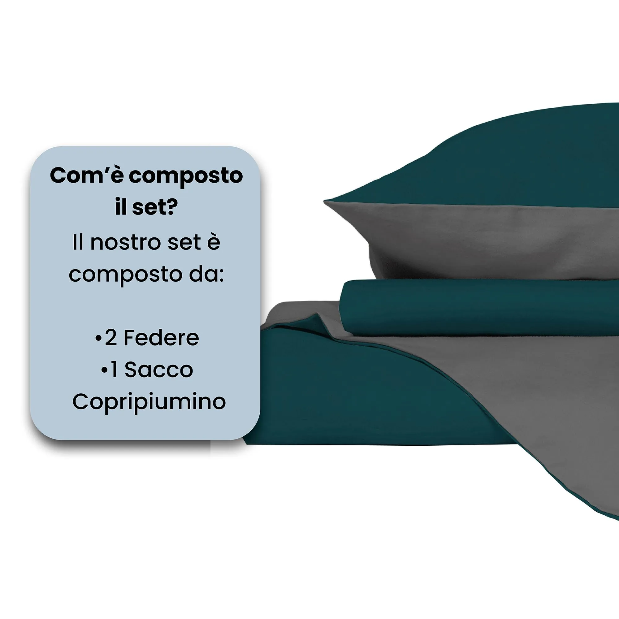 Italian Bed Linen Set Copripiumino 100% Cotone, Matrimoniale, 250x200 cm, Verde Petrolio/Grigio Scuro - immagine 4