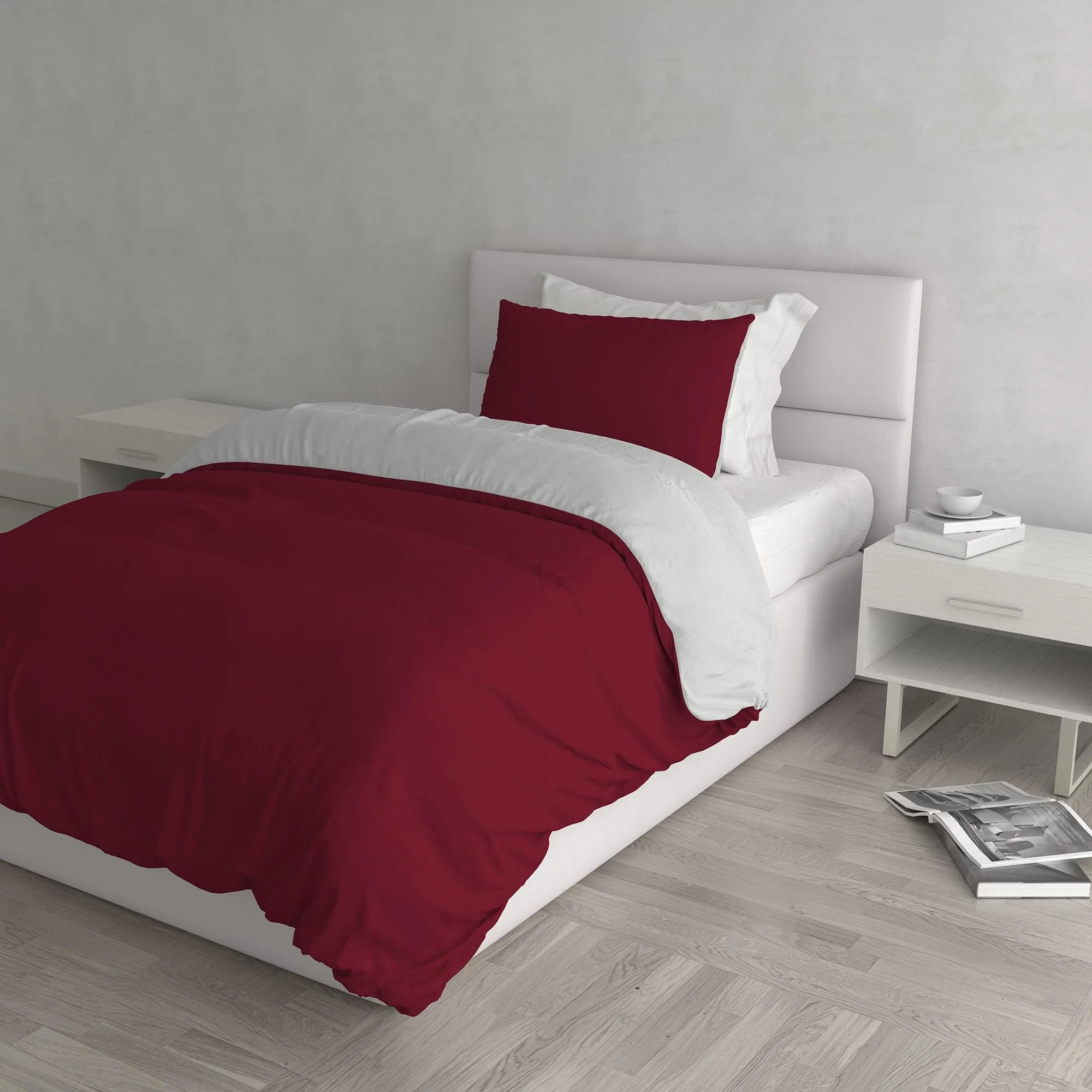 Italian Bed Linen Set Copripiumino 100% Cotone, Singolo, 150x200 cm, Bordeaux/Grigio Chiaro - immagine 1