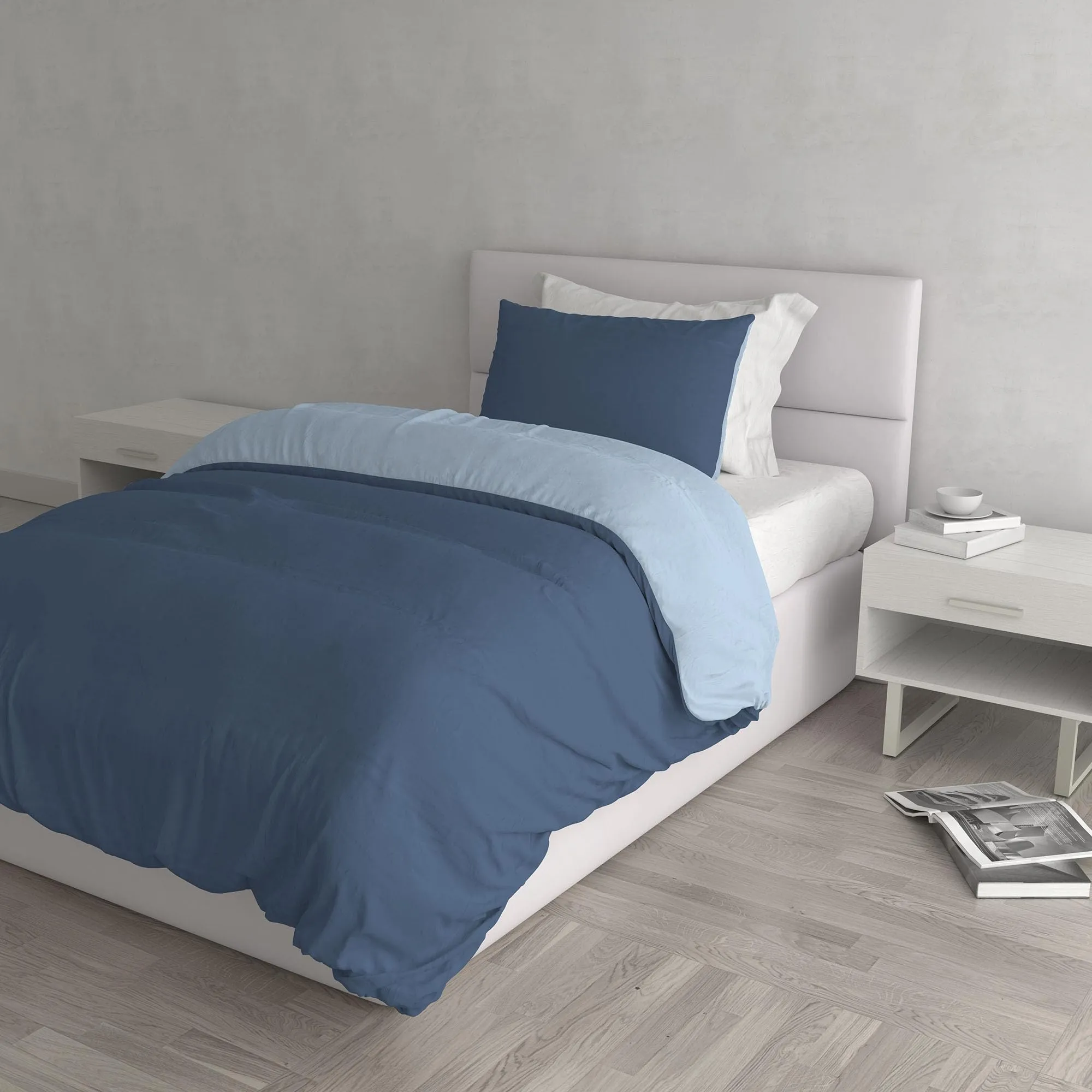 Italian Bed Linen Set Copripiumino 100% Cotone, 200x200 cm, Piazza e Mezza, Avio/Azzurro - immagine 1