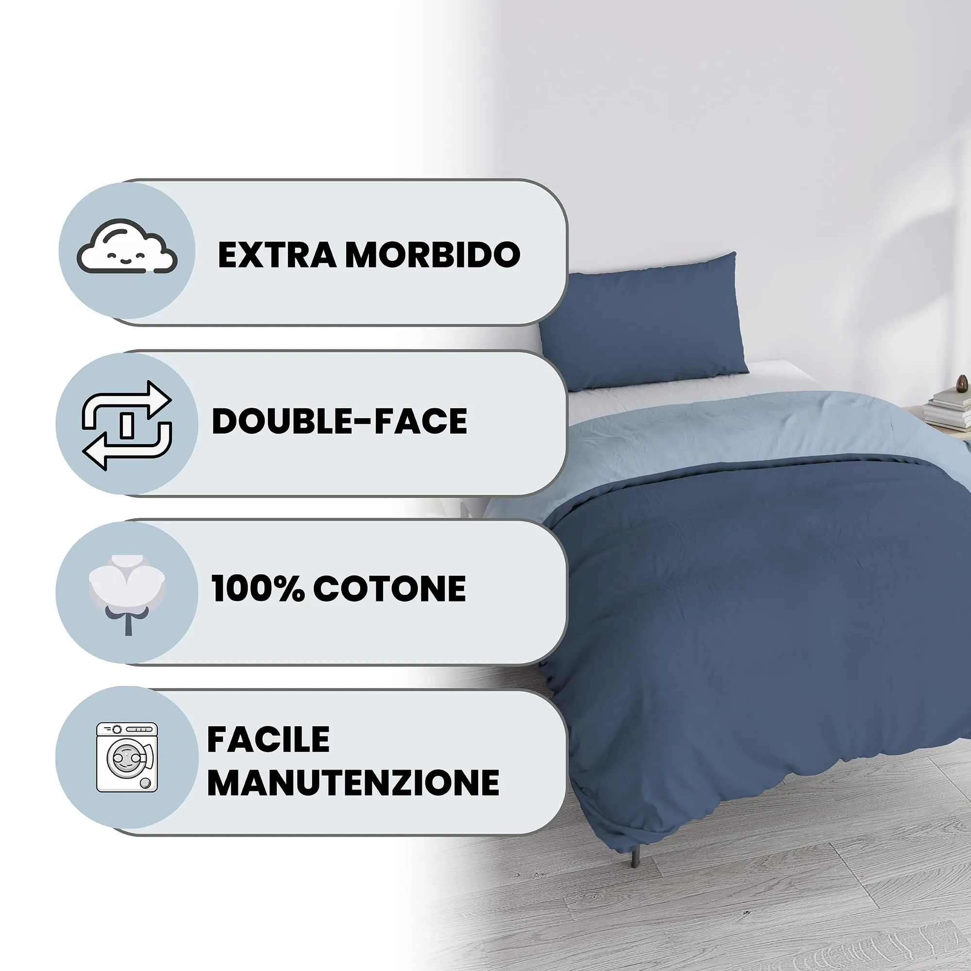 Italian Bed Linen Set Copripiumino 100% Cotone, 200x200 cm, Piazza e Mezza, Avio/Azzurro - immagine 2