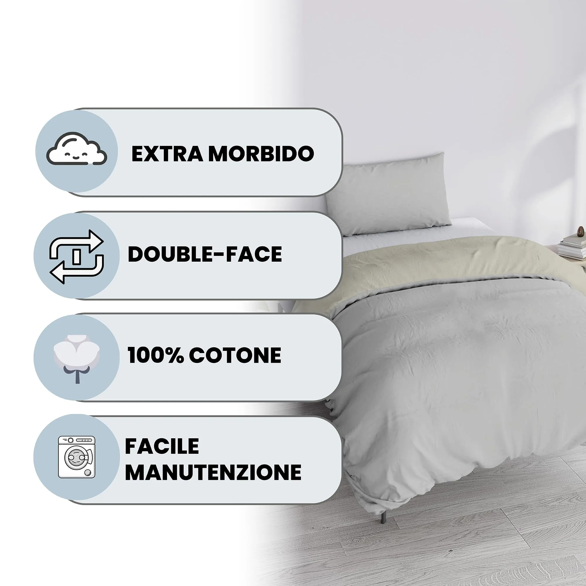 Italian Bed Linen Set Copripiumino 100% Cotone, Singolo, 150x200 cm, Grigio Chiaro/Panna - immagine 2