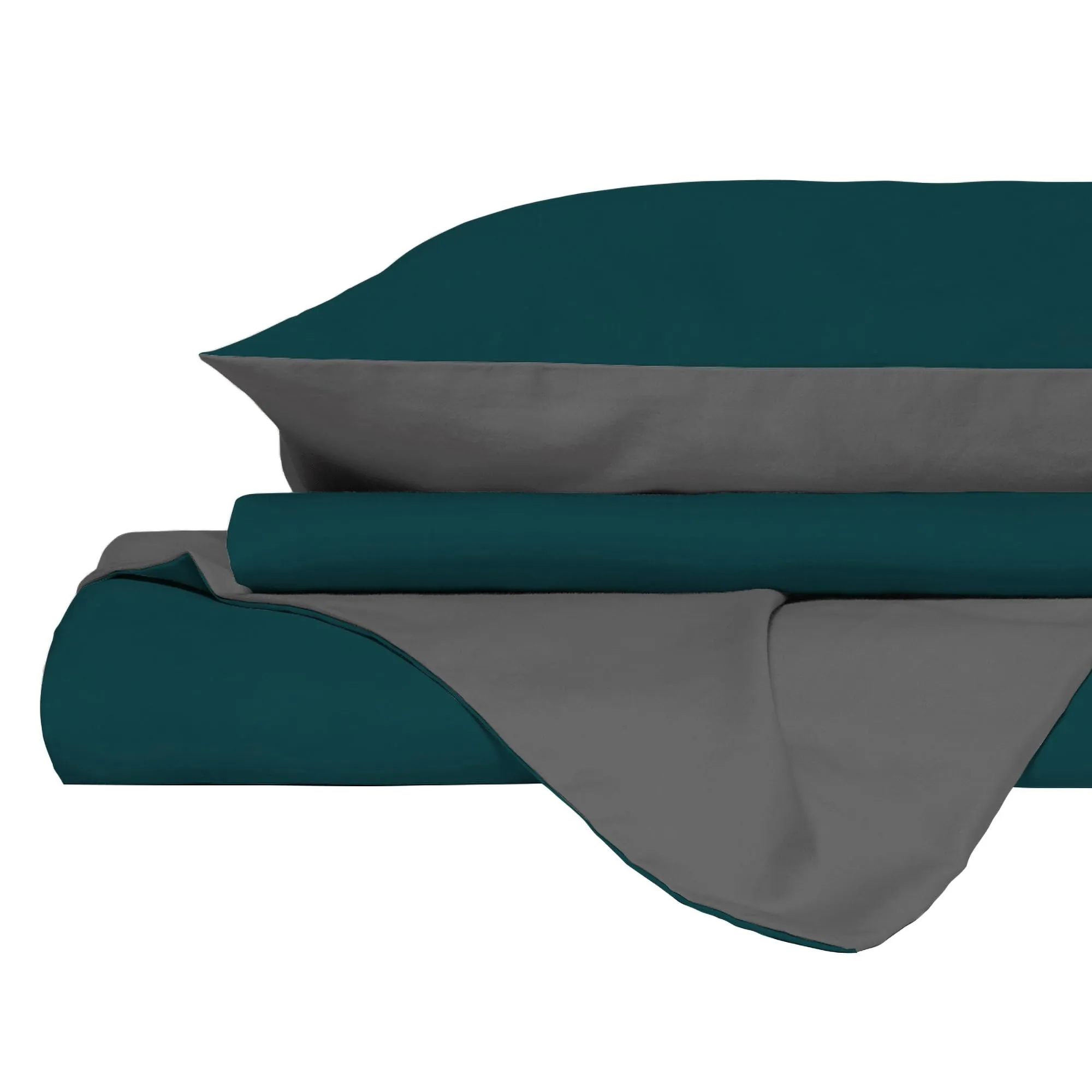 Italian Bed Linen Set Copripiumino 100% Cotone, Singolo, 150x200 cm, Verde Petrolio/Grigio Scuro - immagine 9