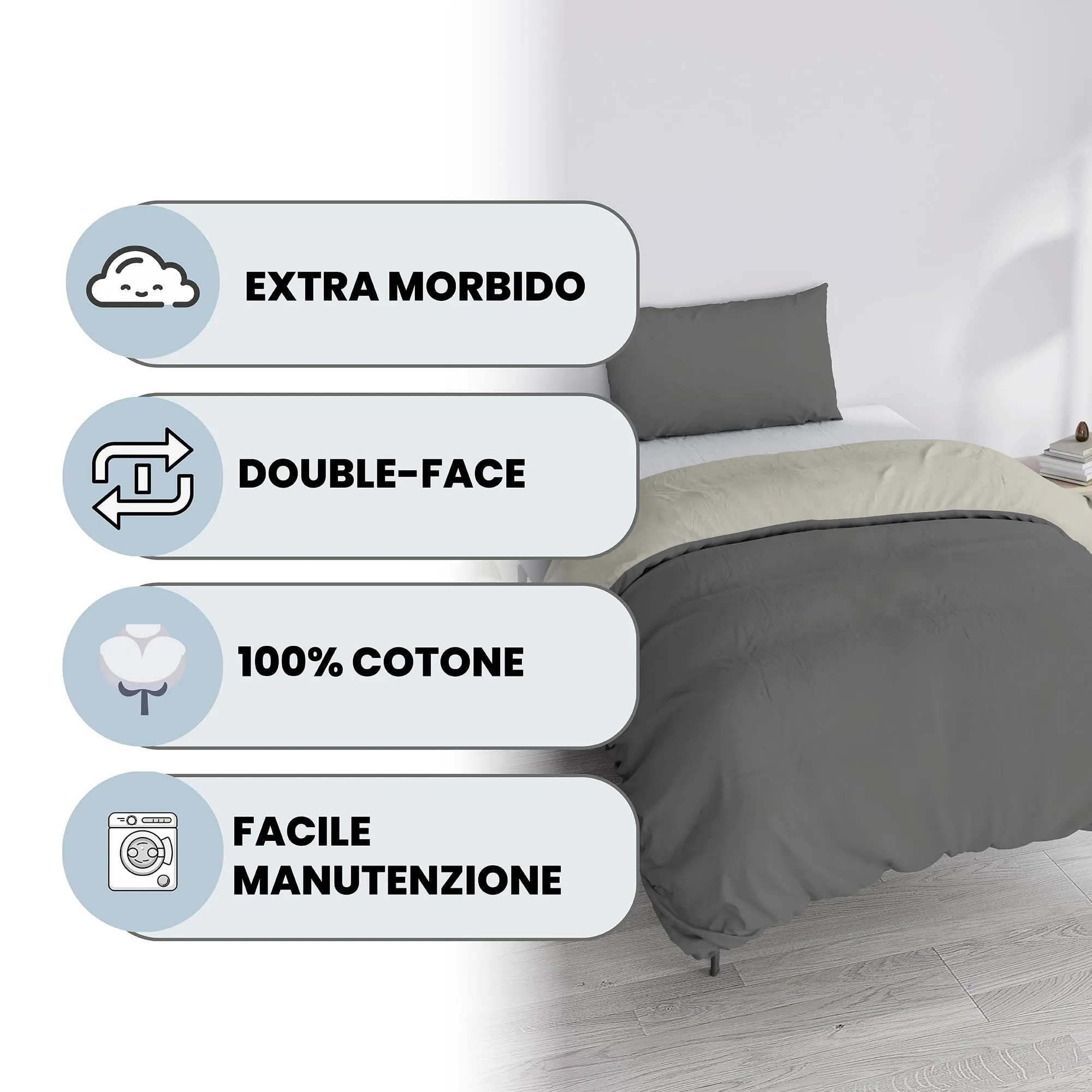 Italian Bed Linen Set Copripiumino 100% Cotone, Singolo, 150x200 cm, Grigio Scuro/Panna - immagine 2