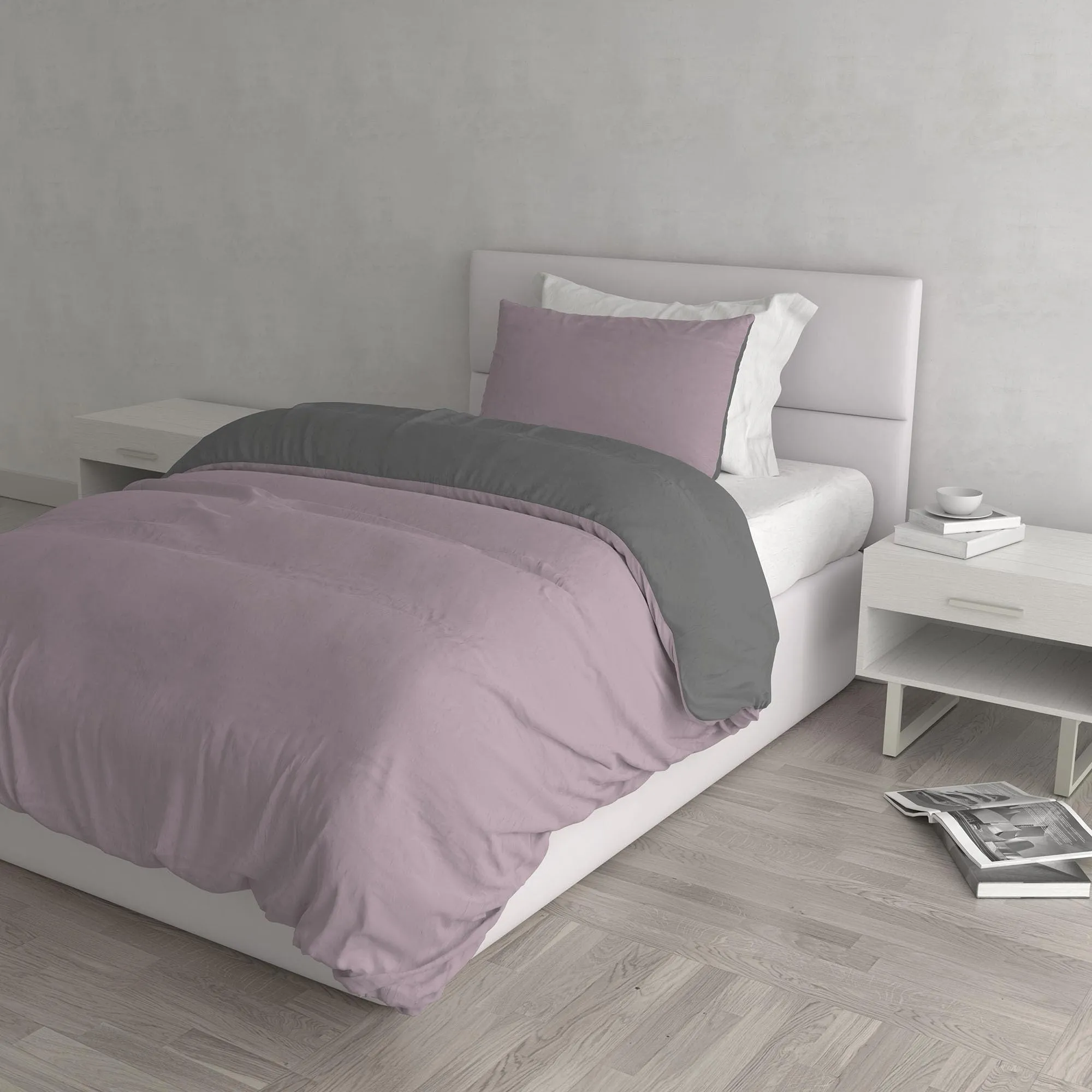 Italian Bed Linen Set Copripiumino 100% Cotone, Singolo, 150x200 cm, Rosa Antico/Grigio Scuro - immagine 1