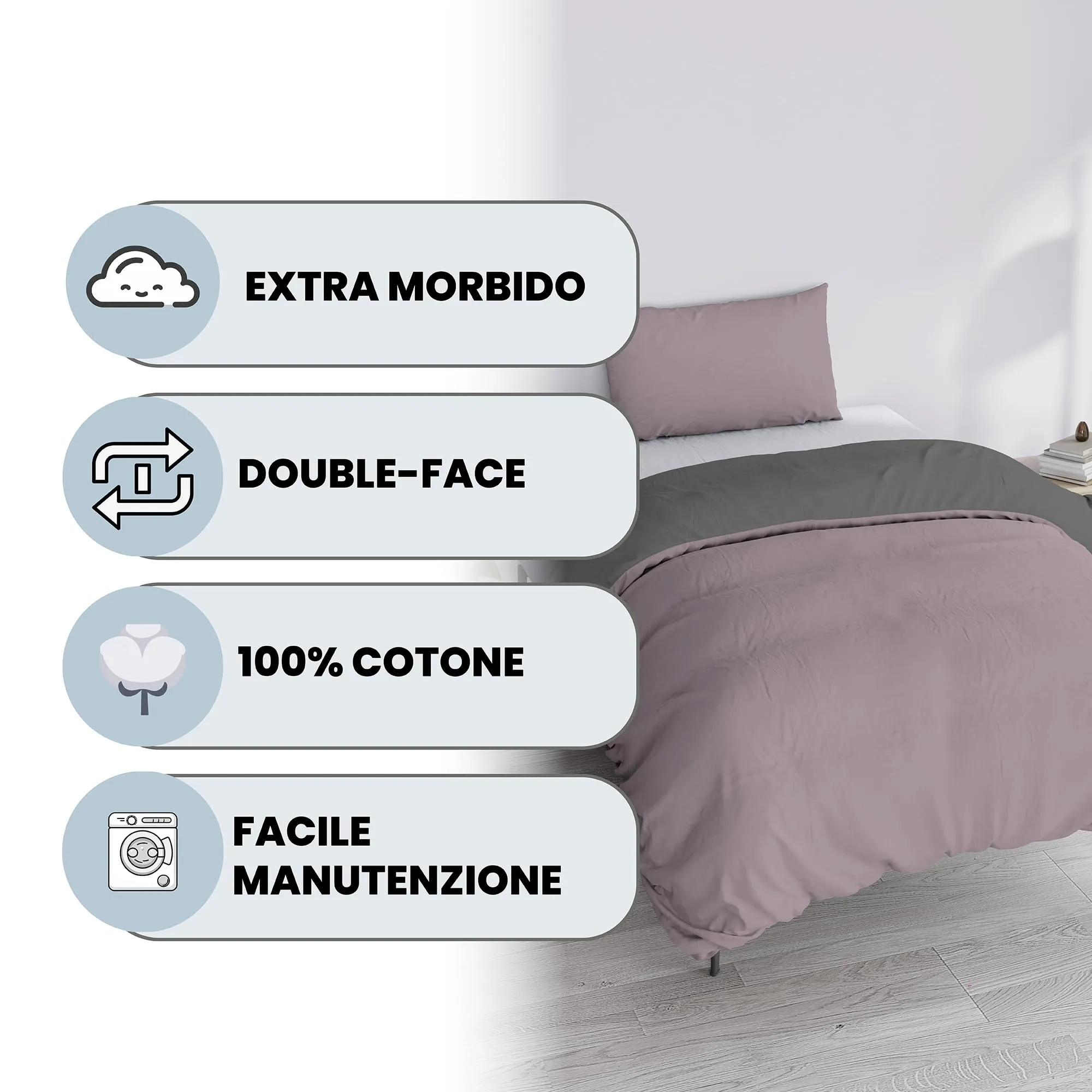 Italian Bed Linen Set Copripiumino 100% Cotone, Singolo, 150x200 cm, Rosa Antico/Grigio Scuro - immagine 2