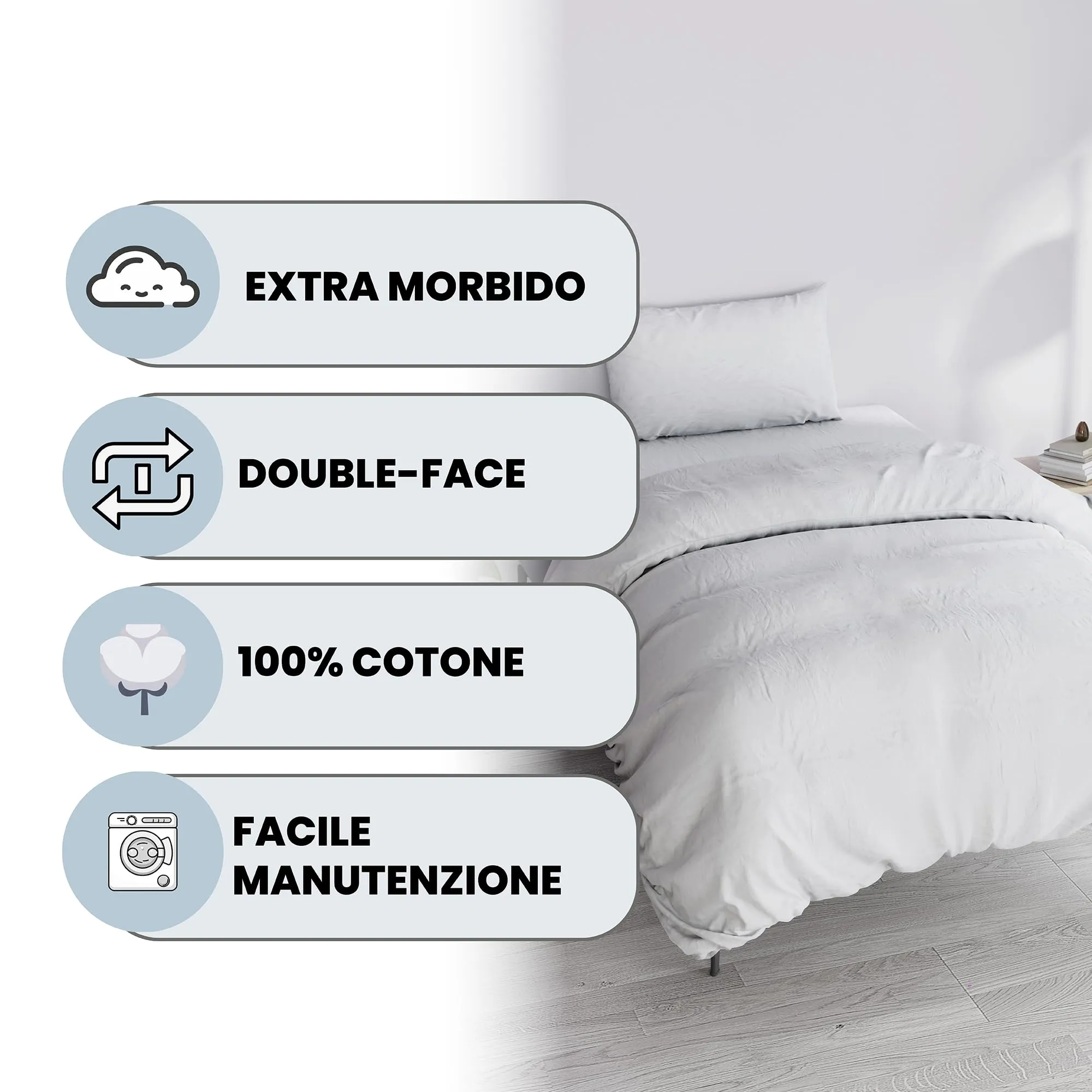 Italian Bed Linen Set Copripiumino 100% Cotone, 150x200 cm con Federa, Singolo, Bianco/Bianco - immagine 2