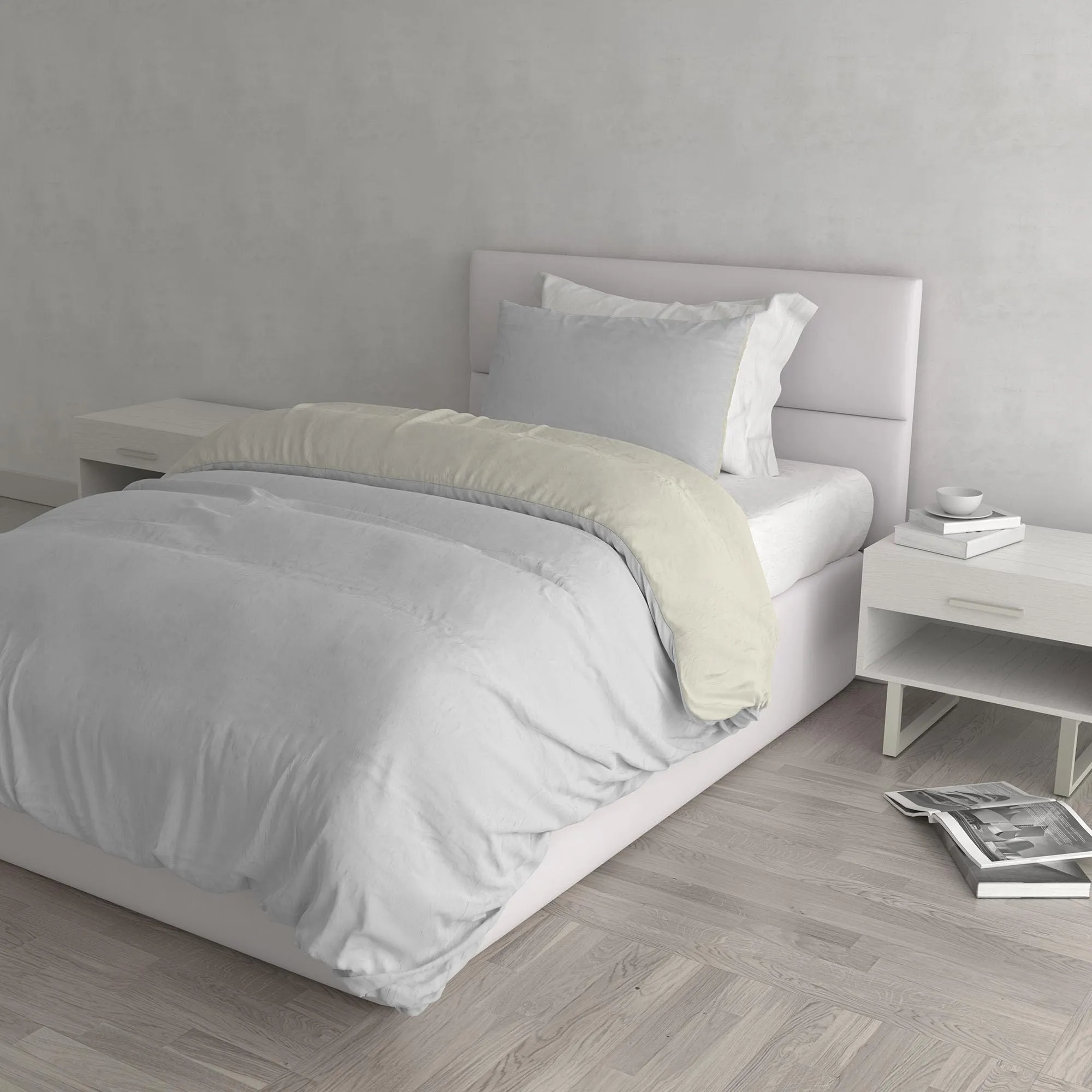 Italian Bed Linen Set Copripiumino 100% Cotone, 200x200 cm, Piazza e Mezza, Grigio Chiaro/Panna - immagine 1