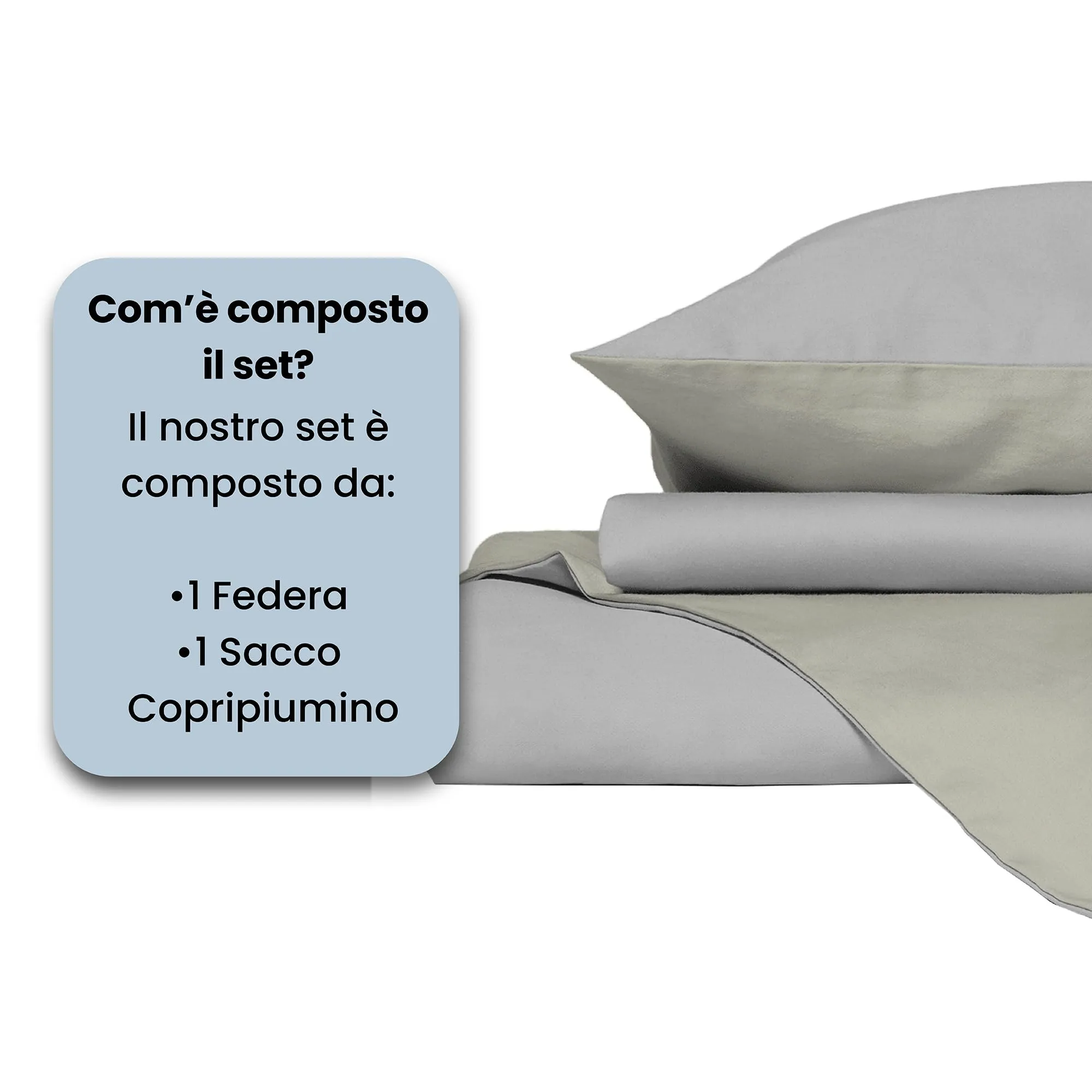 Italian Bed Linen Set Copripiumino 100% Cotone, 200x200 cm, Piazza e Mezza, Grigio Chiaro/Panna - immagine 4