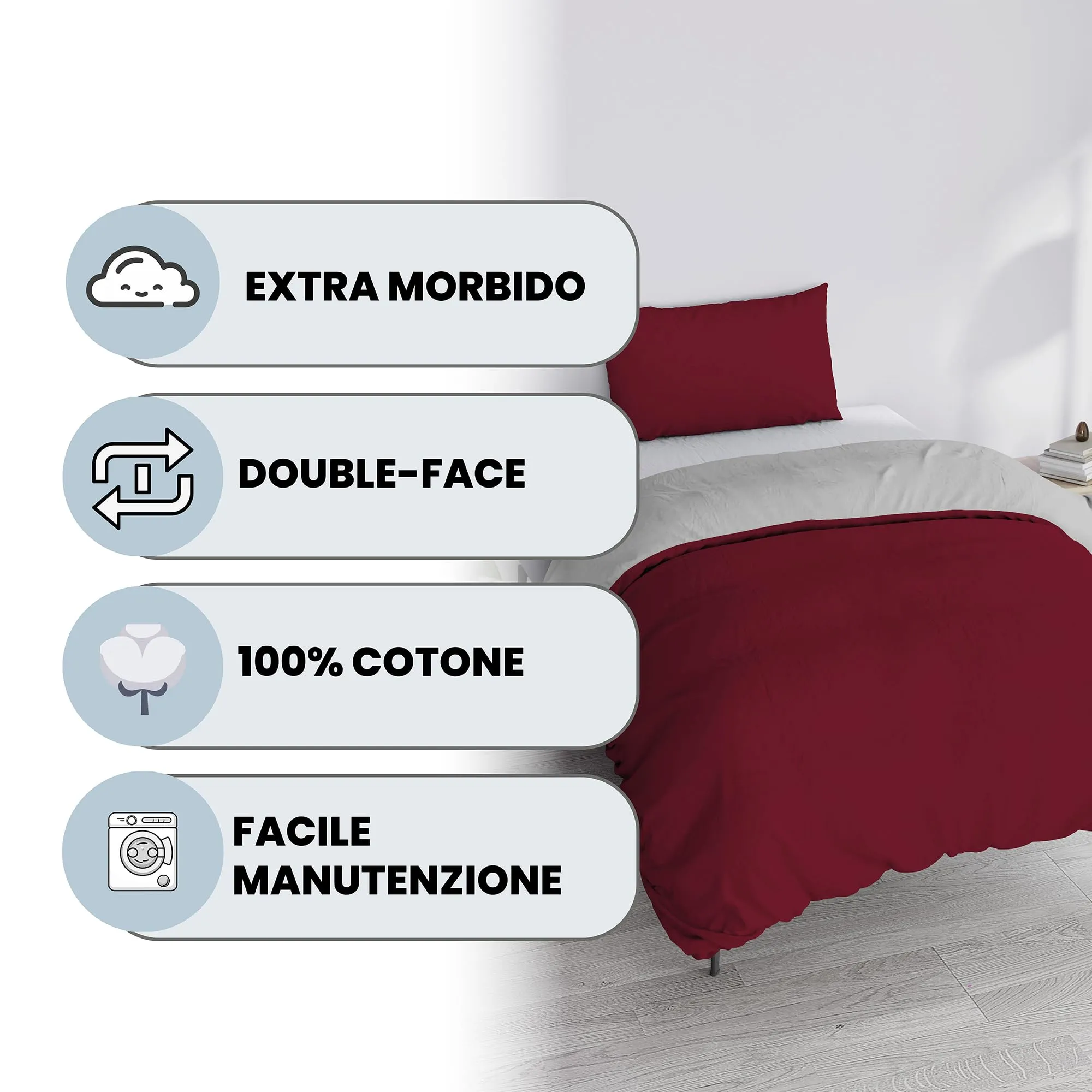 Italian Bed Linen Set Copripiumino 100% Cotone, 200x200 cm, Piazza e Mezza, Bordeaux/Grigio Chiaro - immagine 2