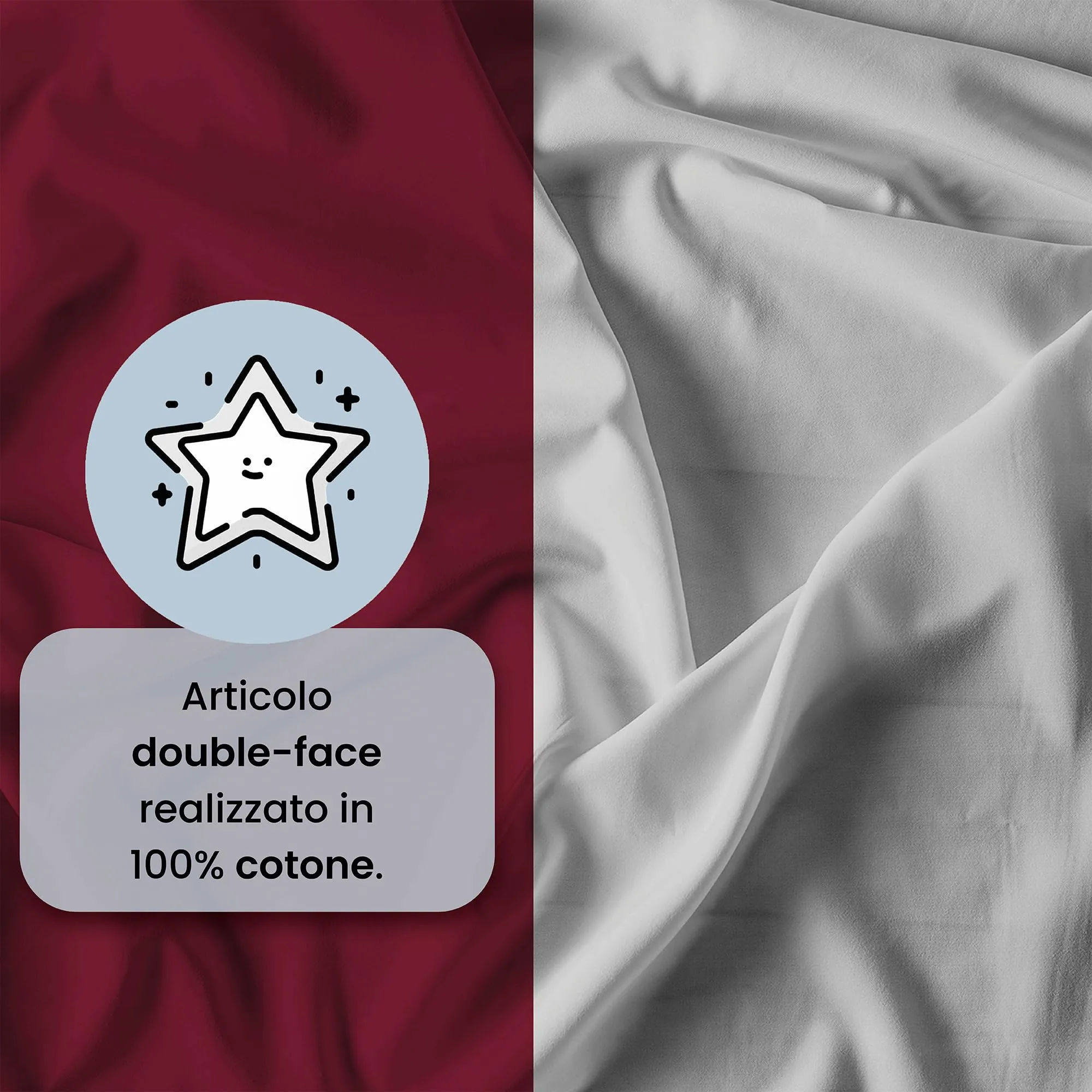 Italian Bed Linen Set Copripiumino 100% Cotone, 200x200 cm, Piazza e Mezza, Bordeaux/Grigio Chiaro - immagine 3