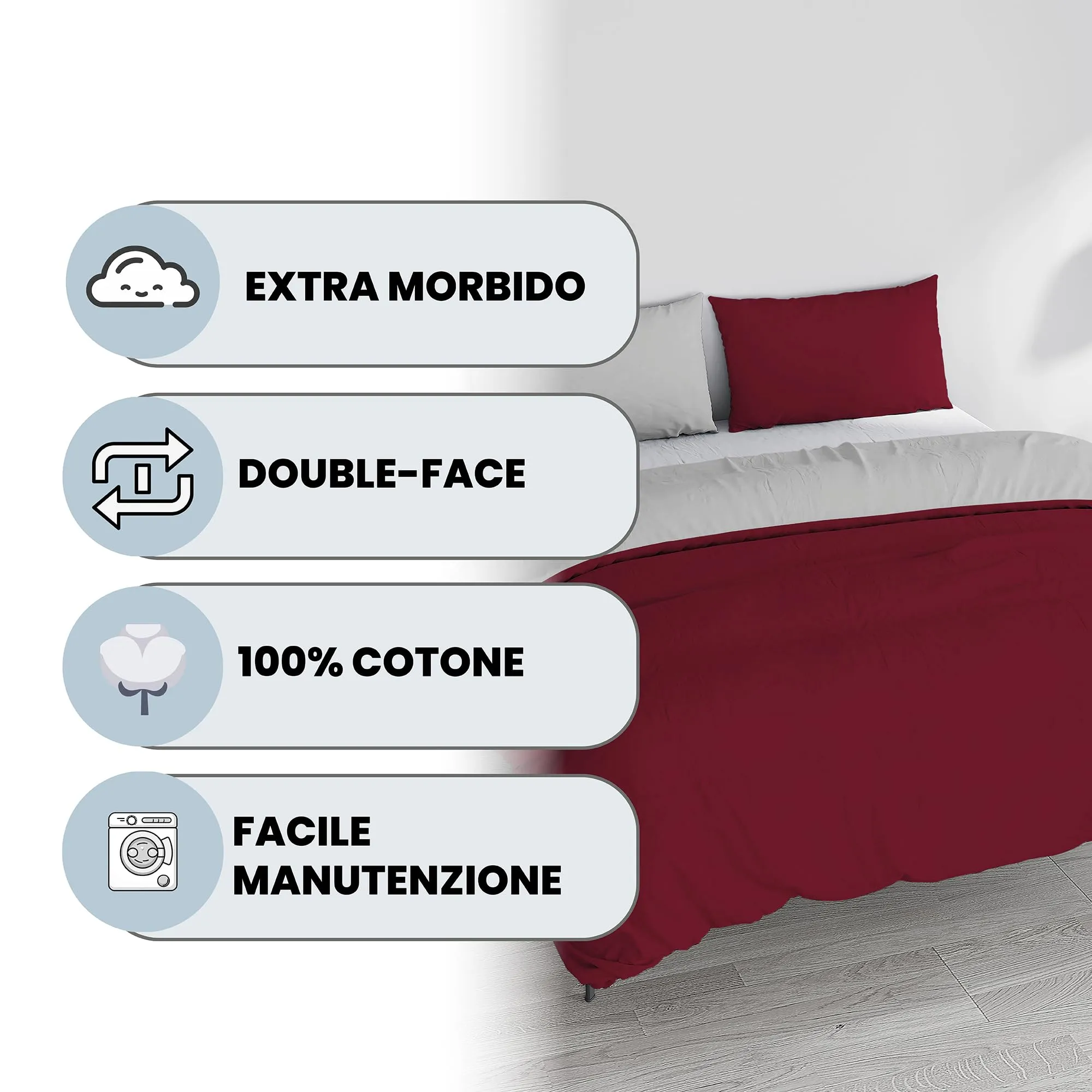 Italian Bed Linen Set Copripiumino 100% Cotone, Matrimoniale, 250x200 cm, Bordeaux/Grigio Chiaro - immagine 2
